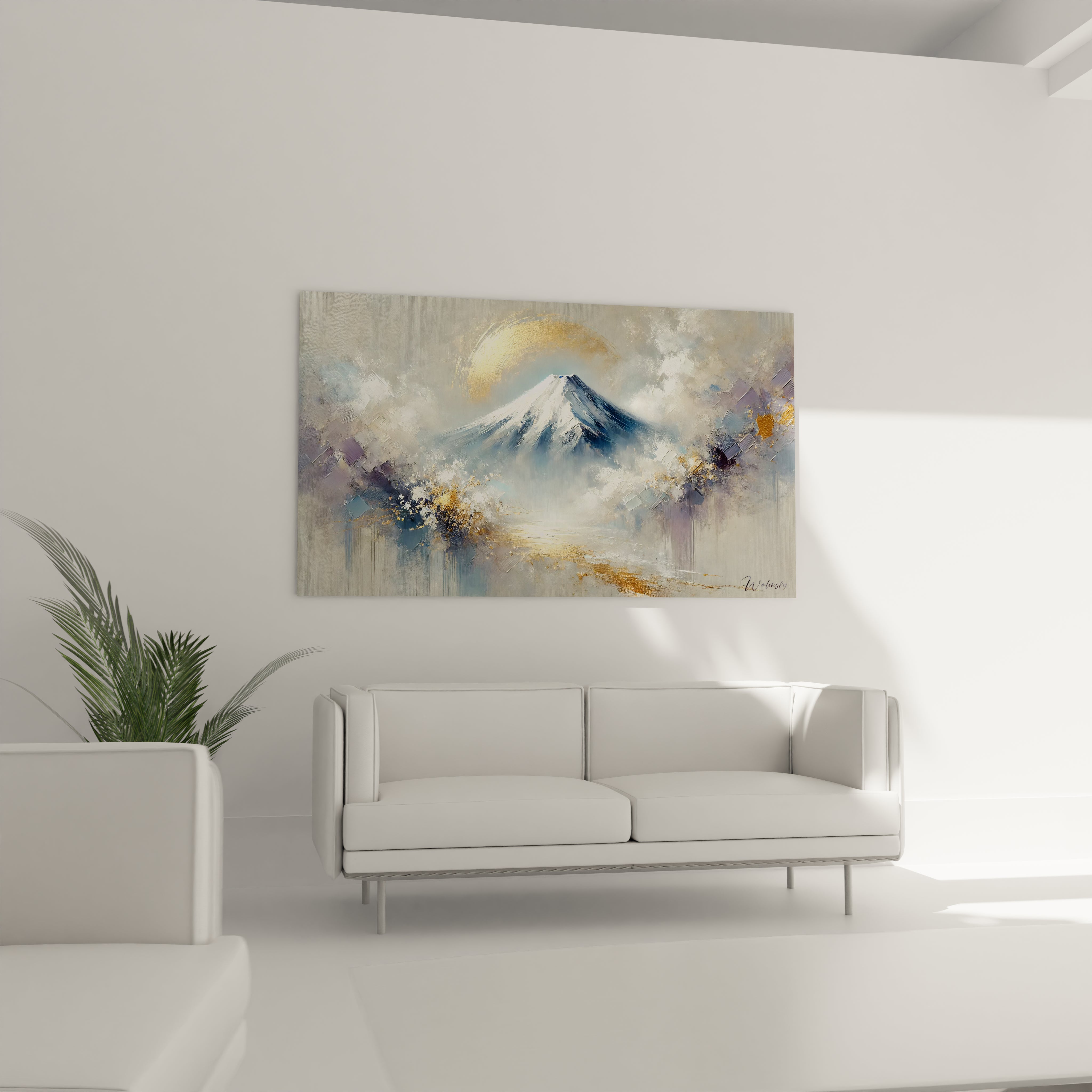 Dans votre salon tableau Mont Fuji au dessus du canapé pour une decoration zen et harmonieuse La scene du lever du soleil offre calme et serenite a votre espace de vie

