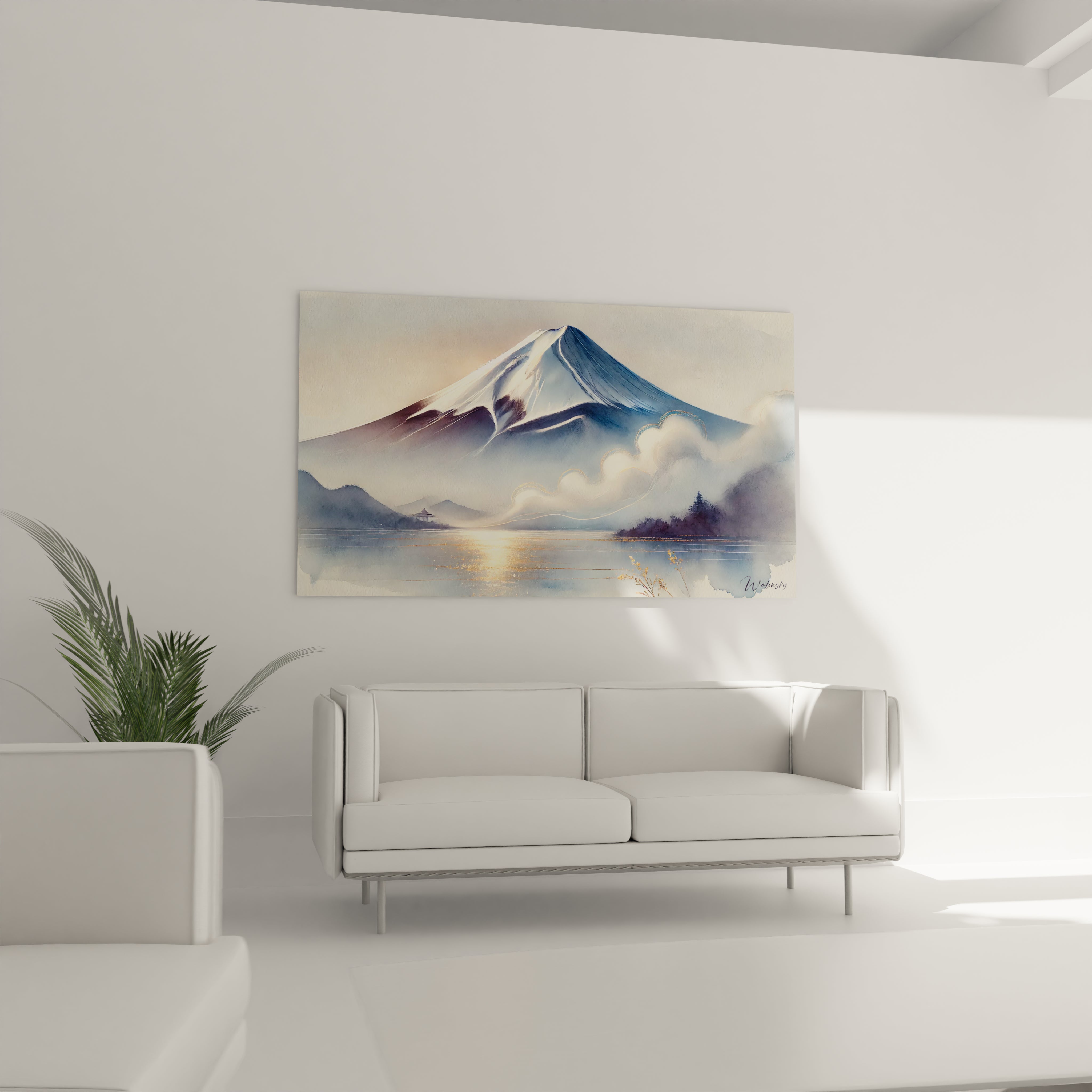 Le tableau mont fuji sur le mur du salon ajoute une touche de mystère. Ses nuances de gris et d’or et son style contemporain enrichissent le décor avec une profondeur spirituelle.

