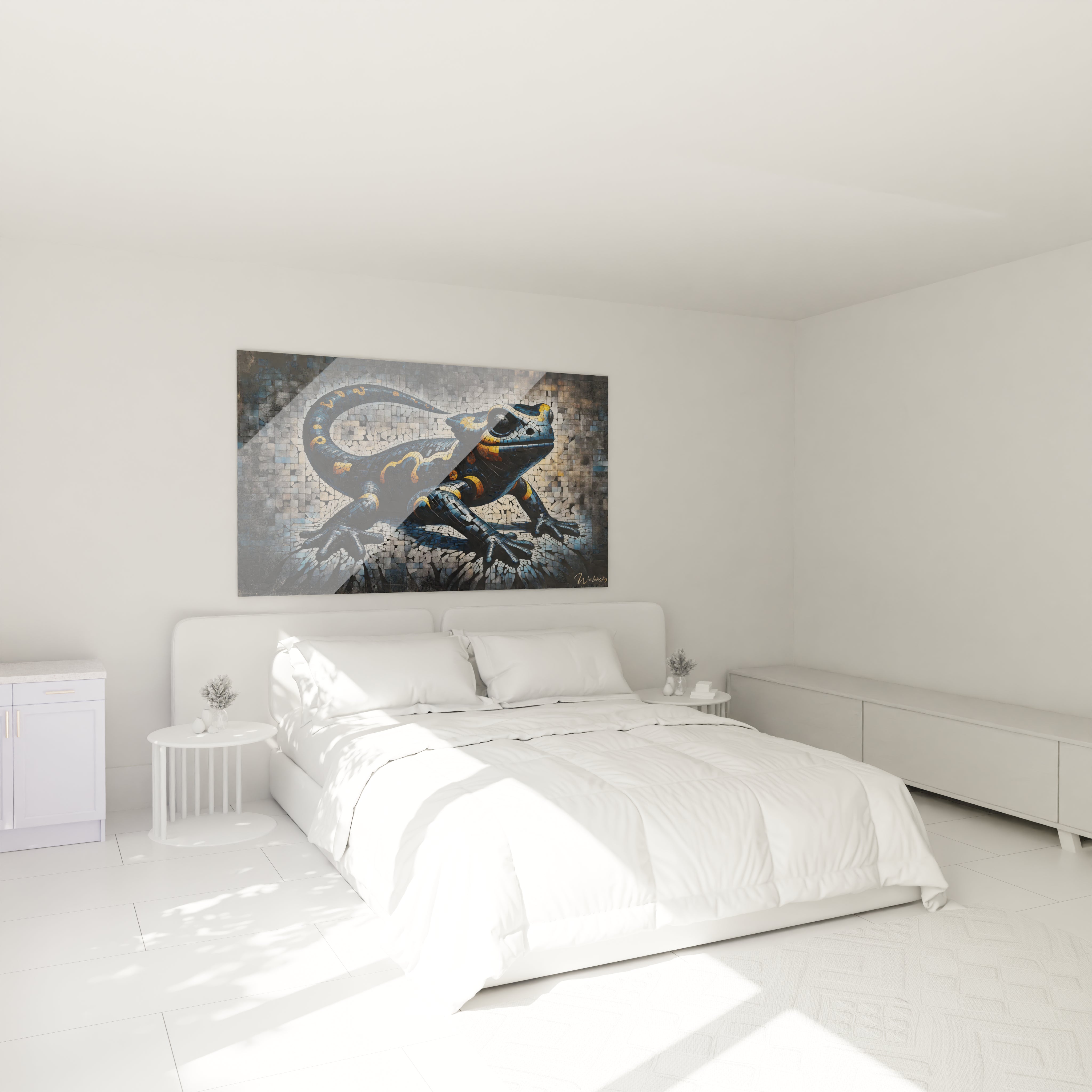 Transformez votre chambre avec ce tableau Mosaique au-dessus du lit, créant une ambiance apaisante et mystérieuse grâce aux contrastes et motifs uniques de la salamandre.

