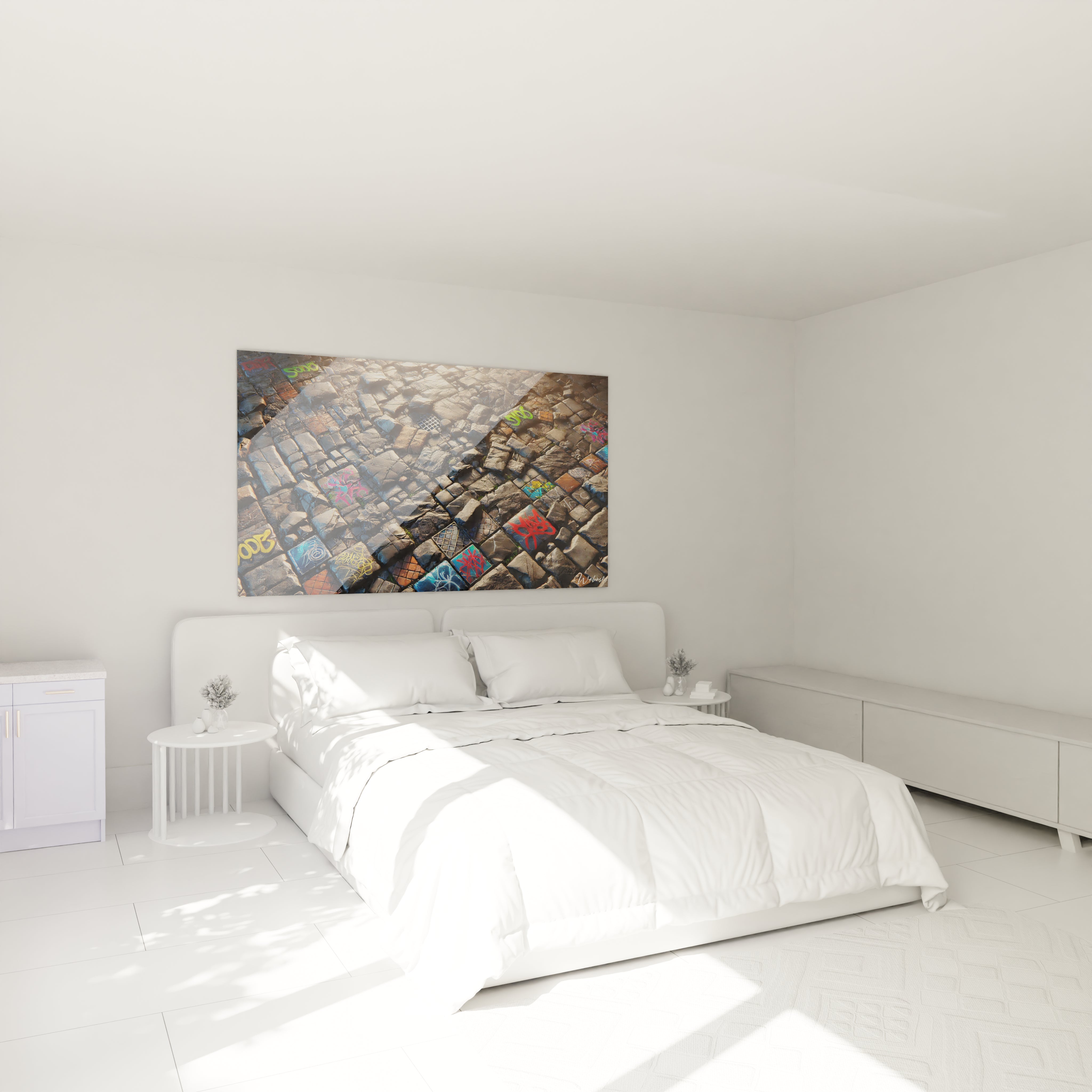 Sublimez votre chambre avec ce tableau Mosaïque au-dessus du lit, mêlant textures brutes et éclats de couleurs pour une ambiance à la fois urbaine et artistique.

