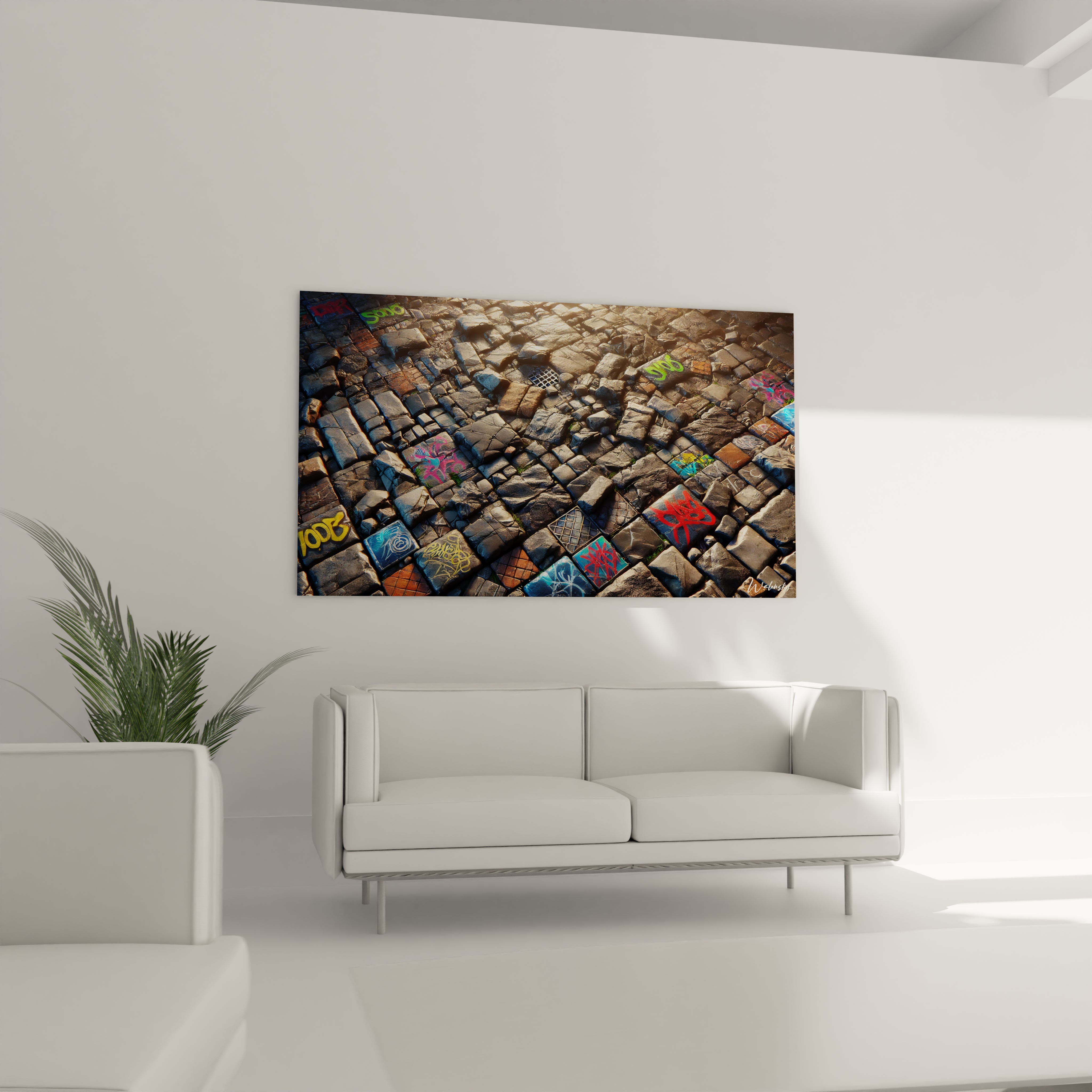 Ce tableau Mosaïque accroché dans le salon, au-dessus du canapé, devient un point focal puissant, mêlant tradition et modernité dans un style urbain unique.

