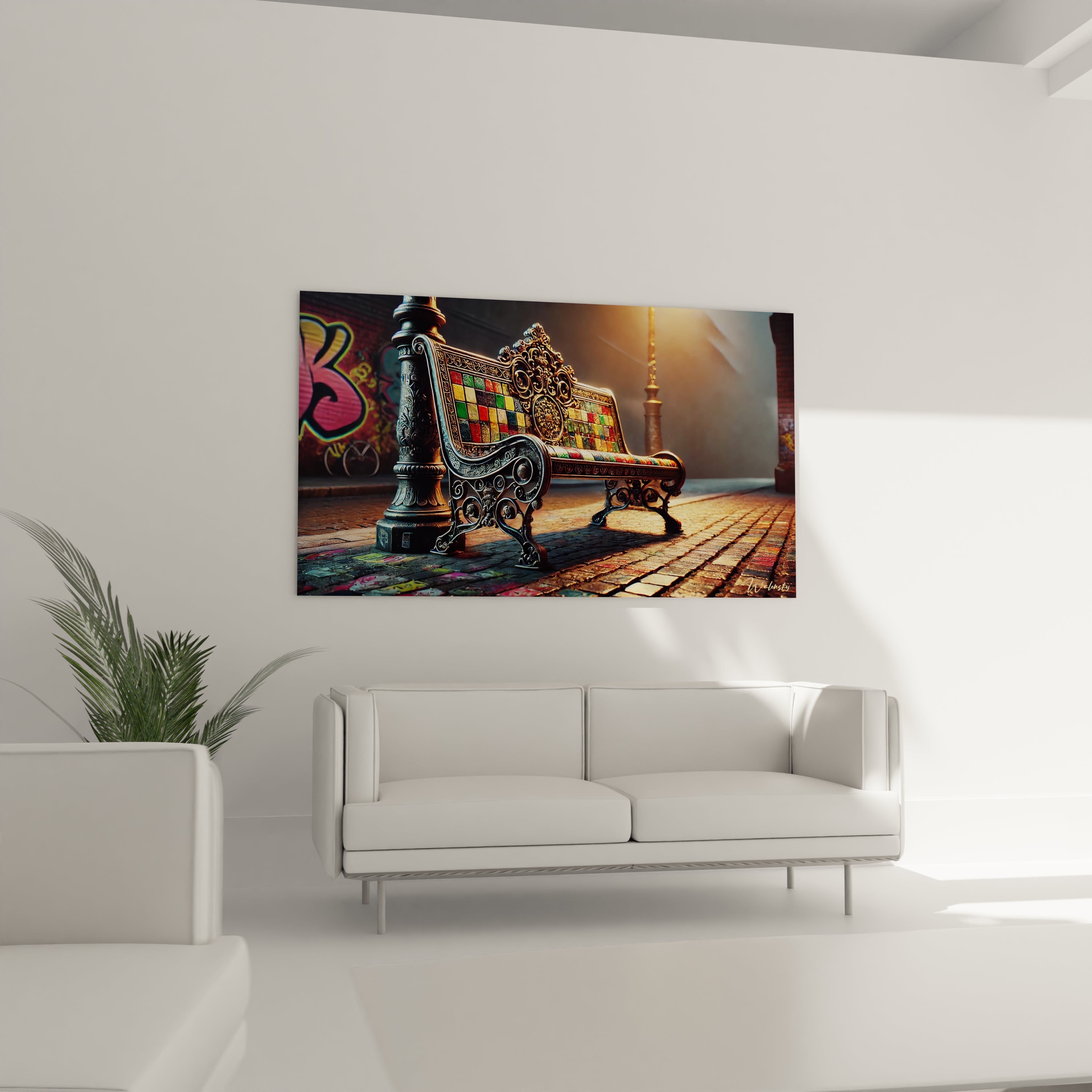 Sublimez votre salon avec ce tableau Mosaique place au-dessus du canape. Une fusion parfaite de charme baroque et d energie urbaine pour un decor elegant.

