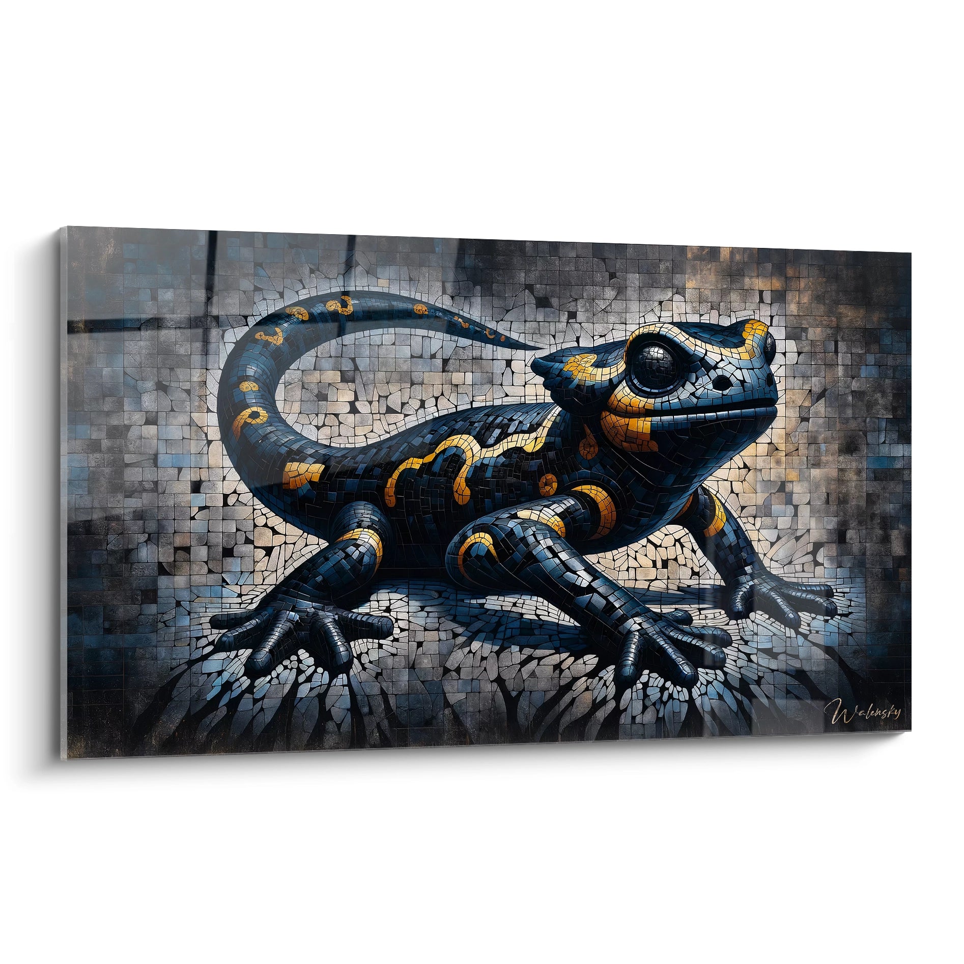 Appréciez le relief et les détails uniques de ce tableau Mosaique, conçu pour capturer l'essence et le mystère de la salamandre avec ses couleurs vibrantes et sa texture captivante.

