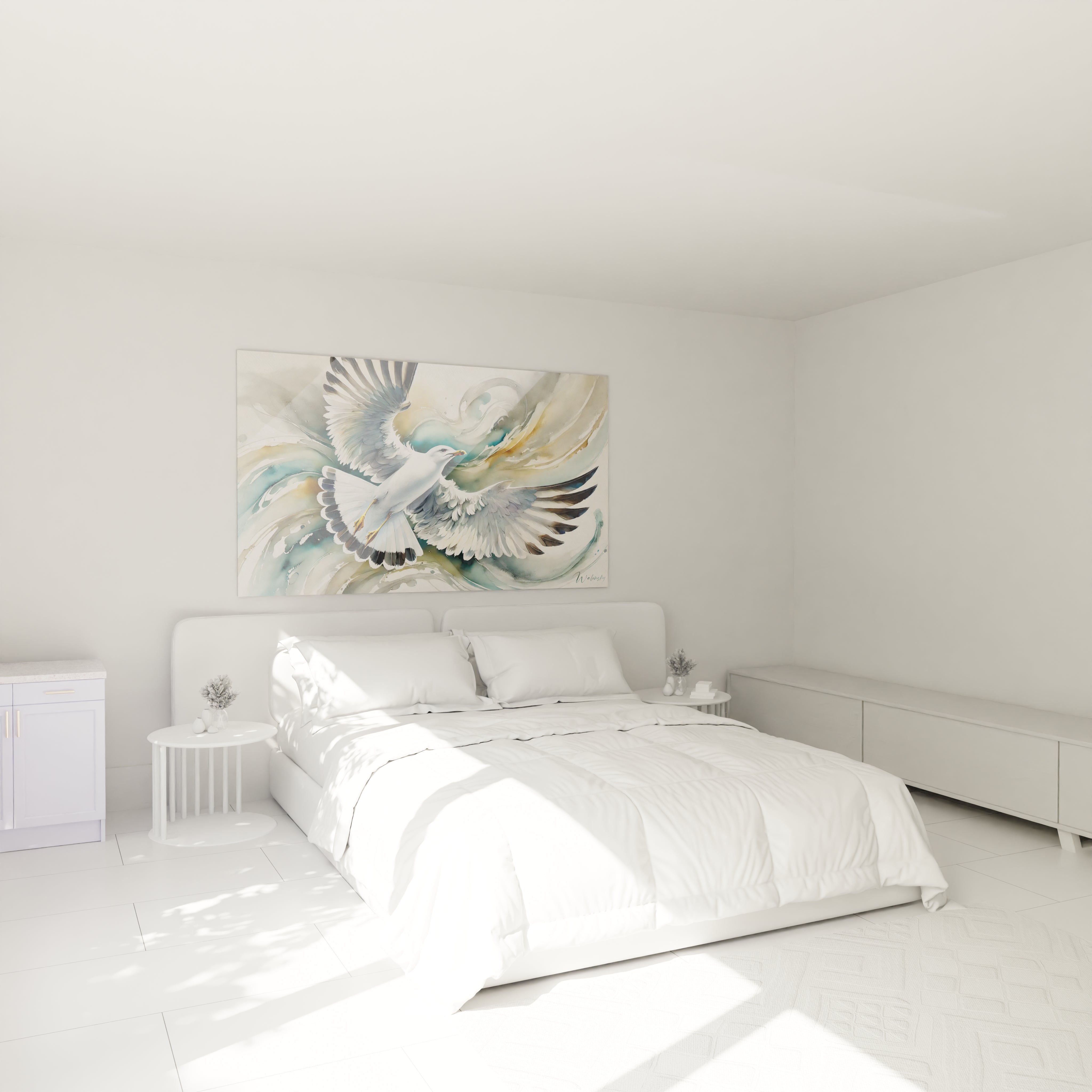 Dans une chambre, ce tableau mouette au dessus du lit apporte une ambiance sereine. L oiseau en vol incarne une liberte absolue, melant realisme et abstraction pour un effet apaisant.

