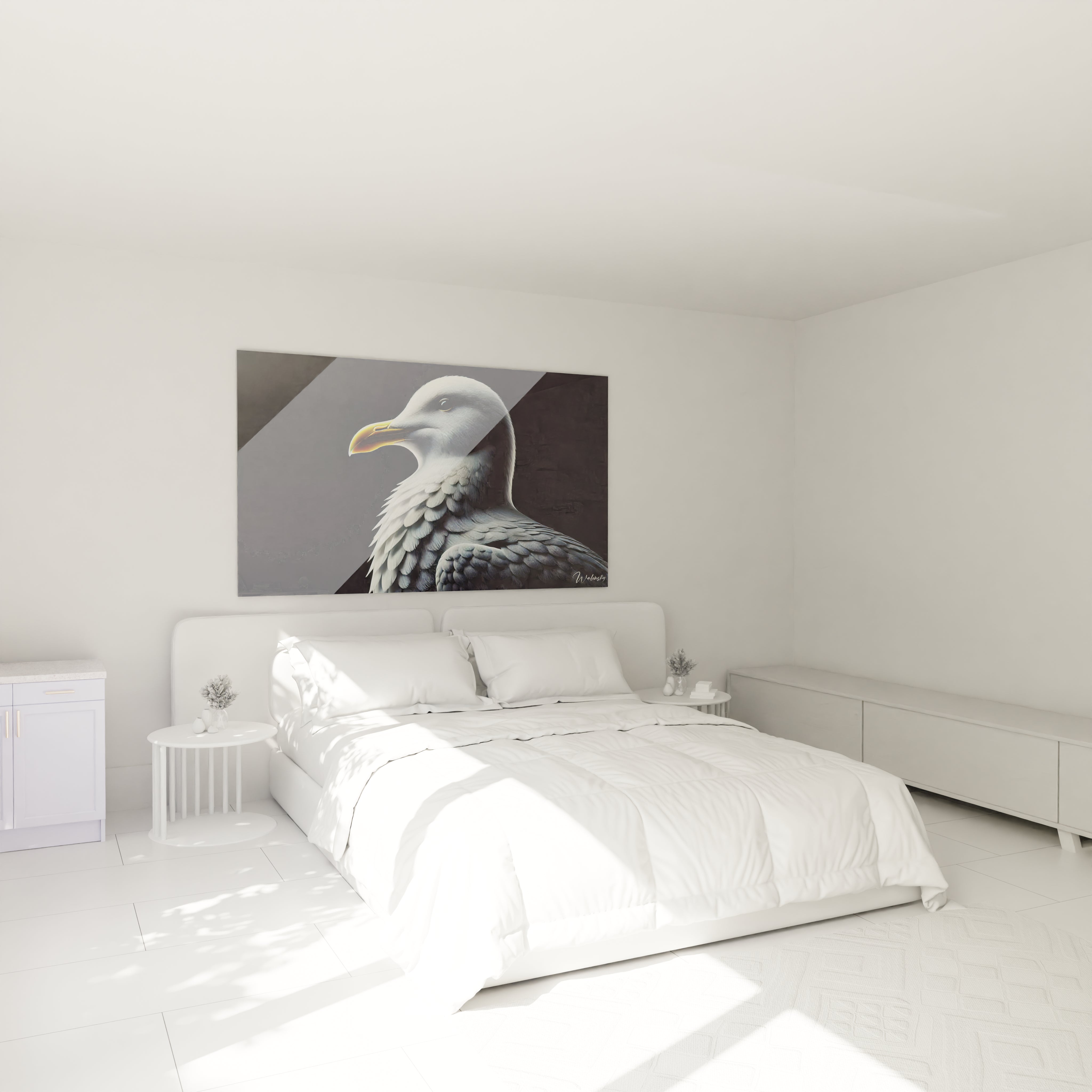 dans une chambre au dessus du lit ce tableau mouette ajoute une touche d'élégance avec son contraste subtil de blanc noir et jaune il apporte calme et harmonie à votre espace de repos

