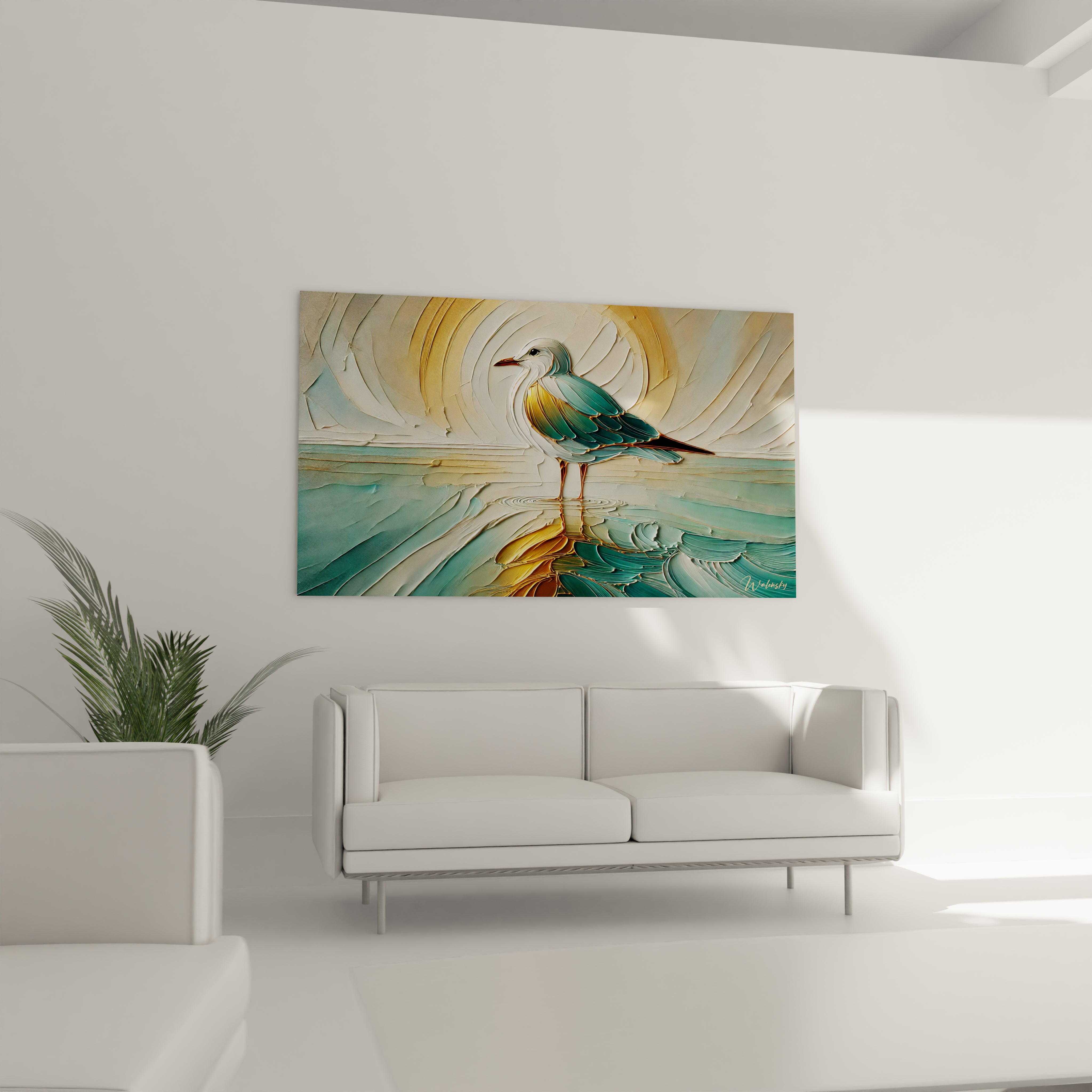 Ce tableau mouette au-dessus du canapé dans le salon apporte une sensation de liberte et de douceur. Le doré et le bleu se fondent pour une harmonie parfaite avec une decoration contemporaine.

