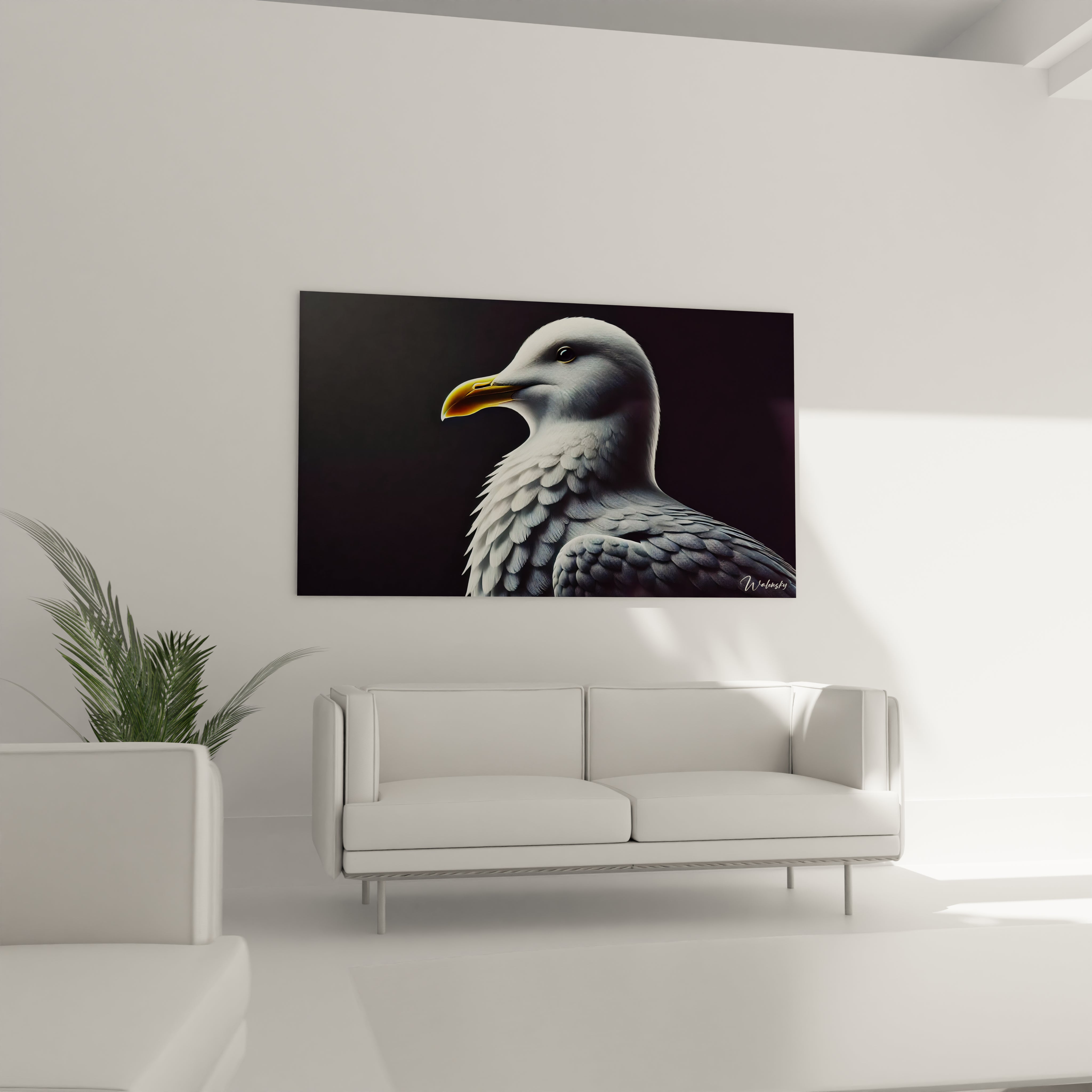 tableau mouette accroché au mur dans un salon au dessus du canapé ce tableau mouette attire le regard avec son traitement contemporain et son fond sombre qui accentue la beauté de l'oiseau

