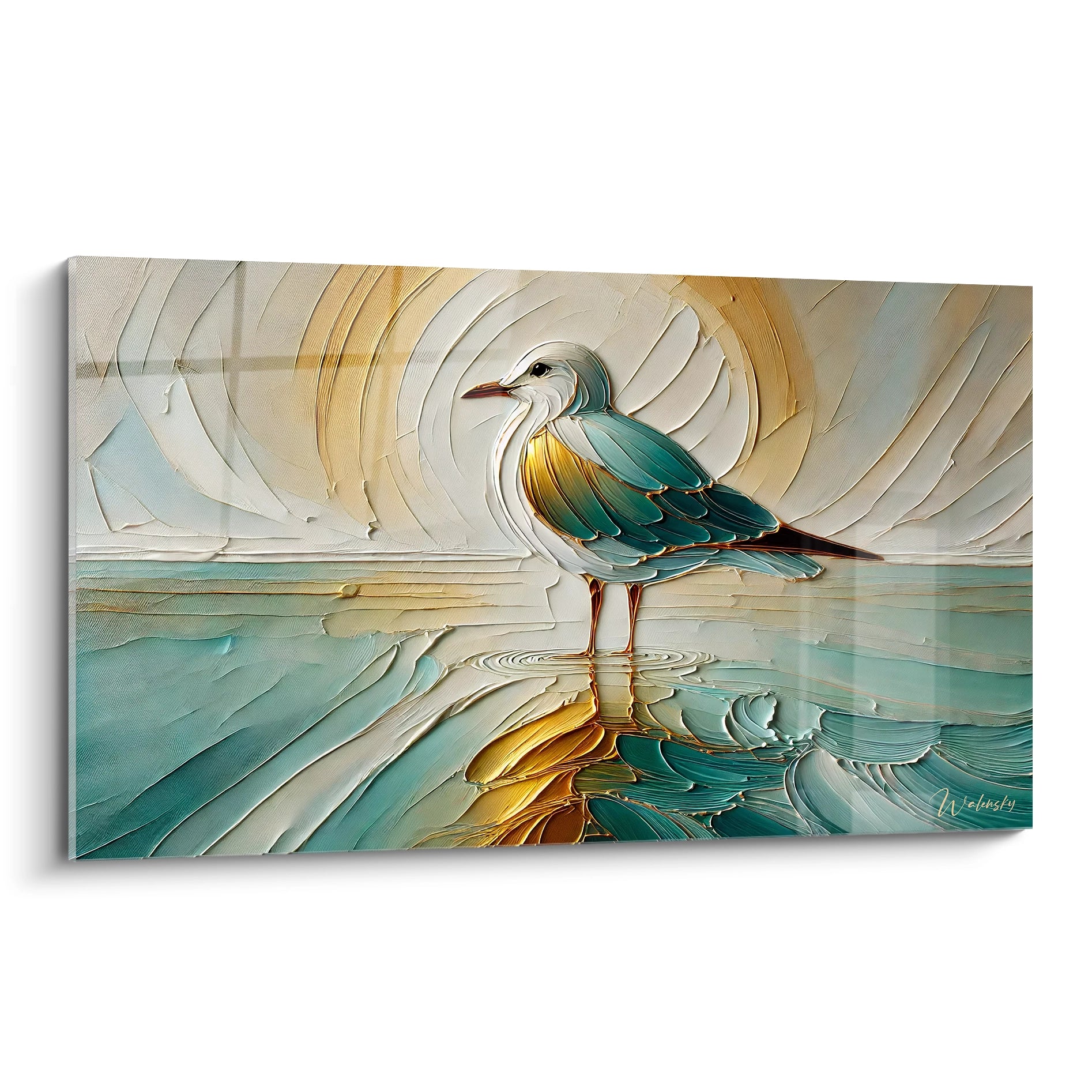 tableau mouette vue de biais capture la serenite de l'oiseau dans un vol elegant. Les nuances de bleu et doré evoquent la douceur des reflets marins pour une decoration artistique et apaisante.

