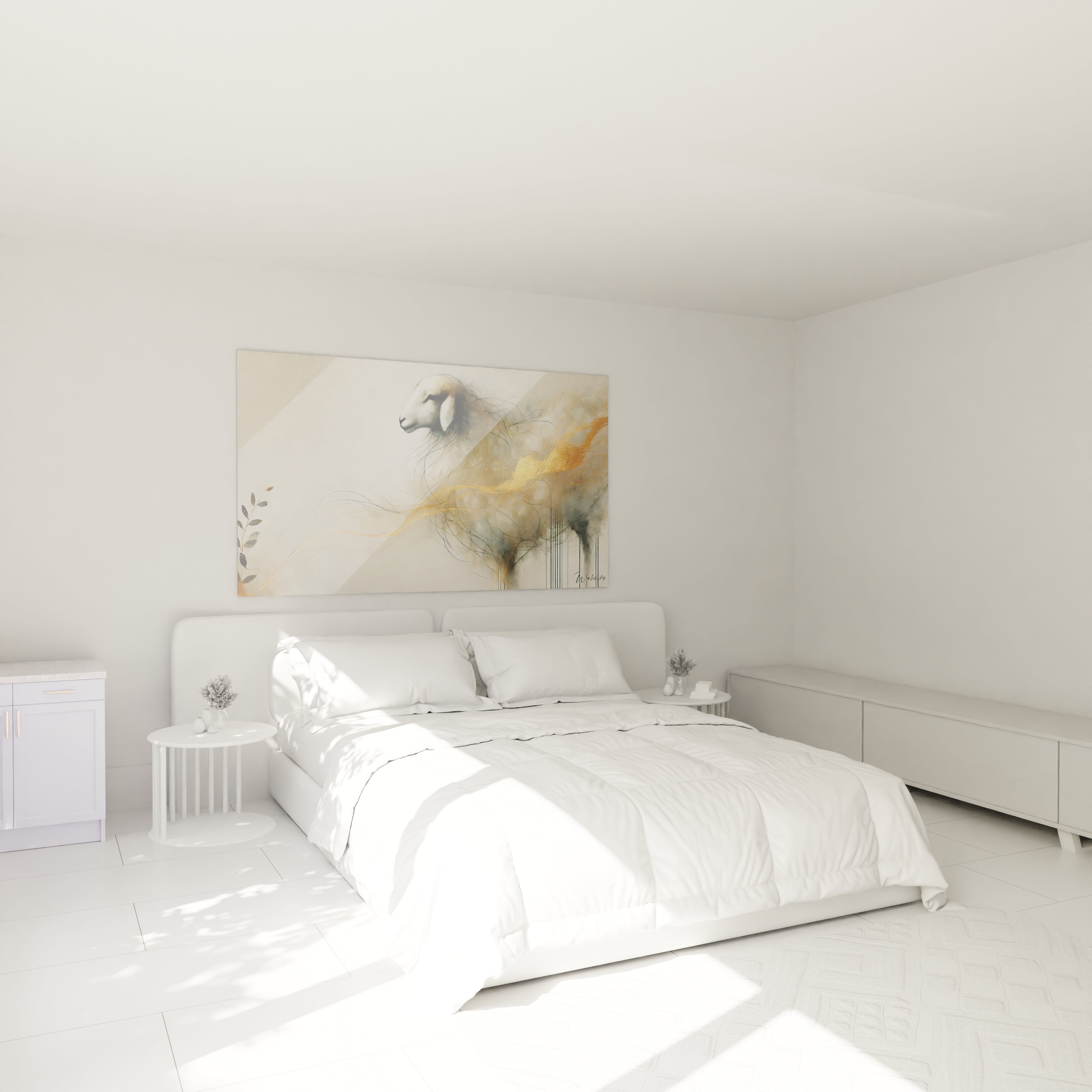 decouvrez ce tableau mouton accroche au dessus du lit dans une chambre sereine. Les couleurs blanc, or et beige apportent une touche de douceur et de purete a votre espace interieur

