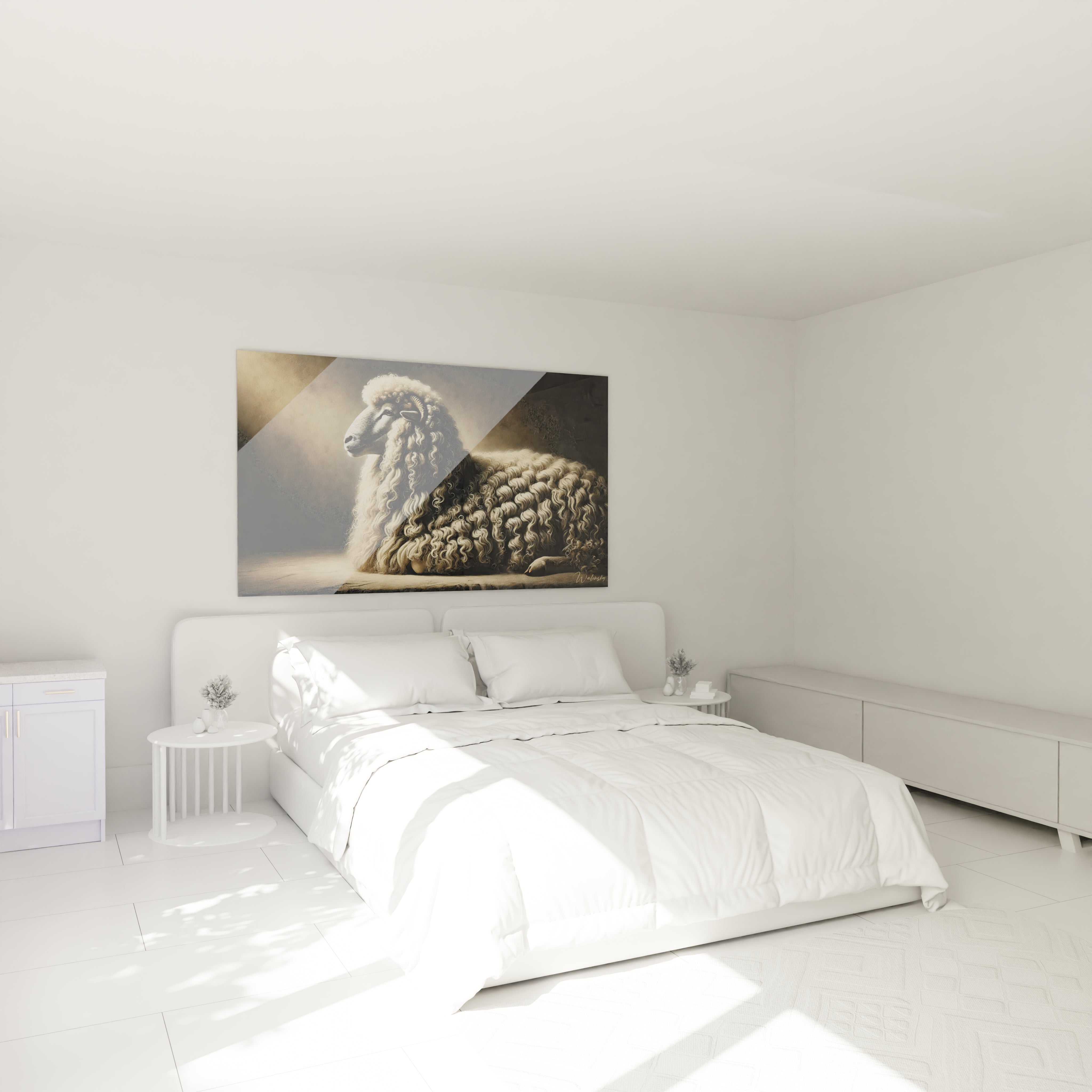 Ce tableau mouton au dessus du lit dans une chambre cree une ambiance apaisante et chaleureuse. Parfait pour harmoniser votre espace avec des couleurs douces et des lignes fluides.

