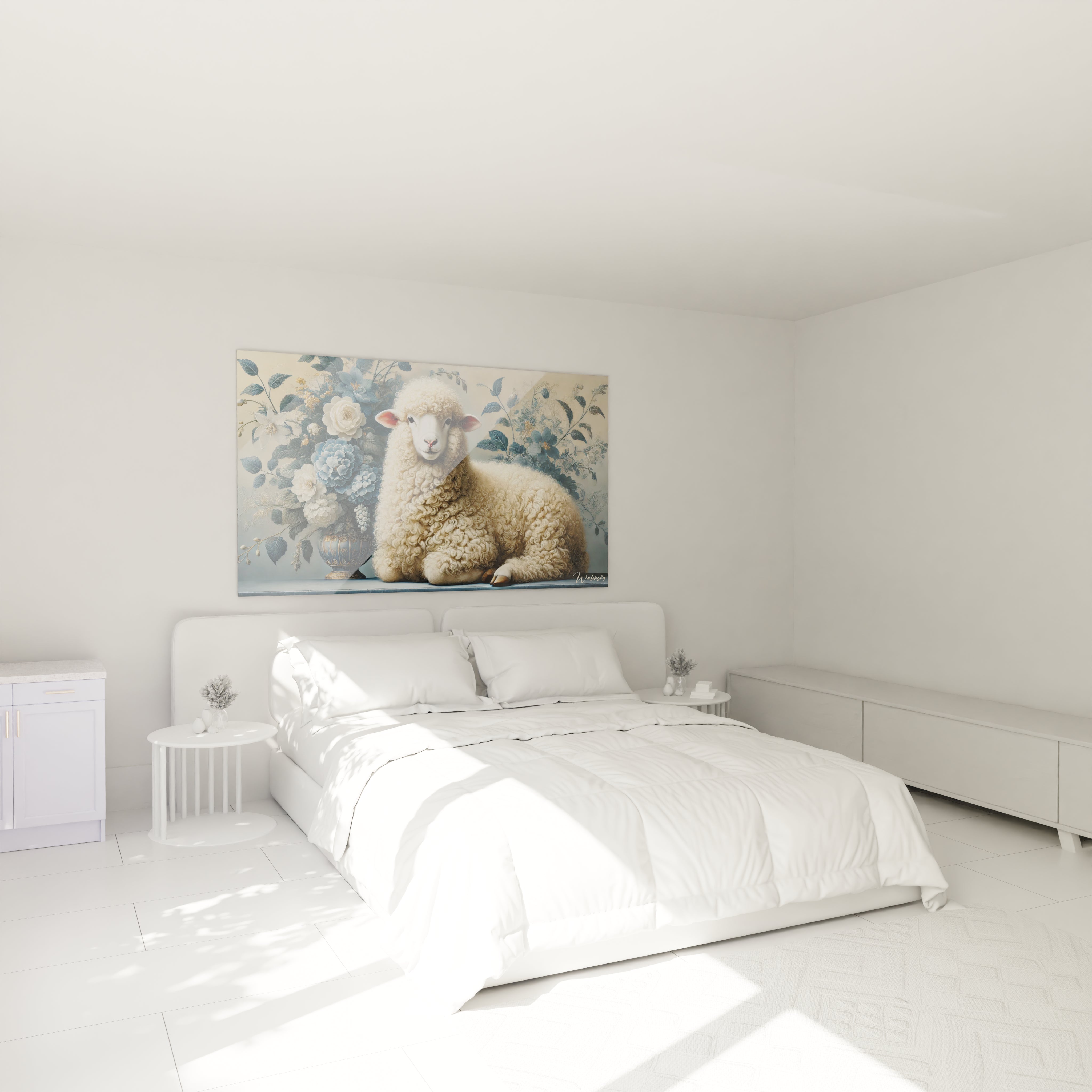 Apportez de la quiétude à votre chambre avec ce tableau mouton au dessus du lit. Ses détails floraux et sa palette apaisante de blanc et bleu créent une atmosphère relaxante.

