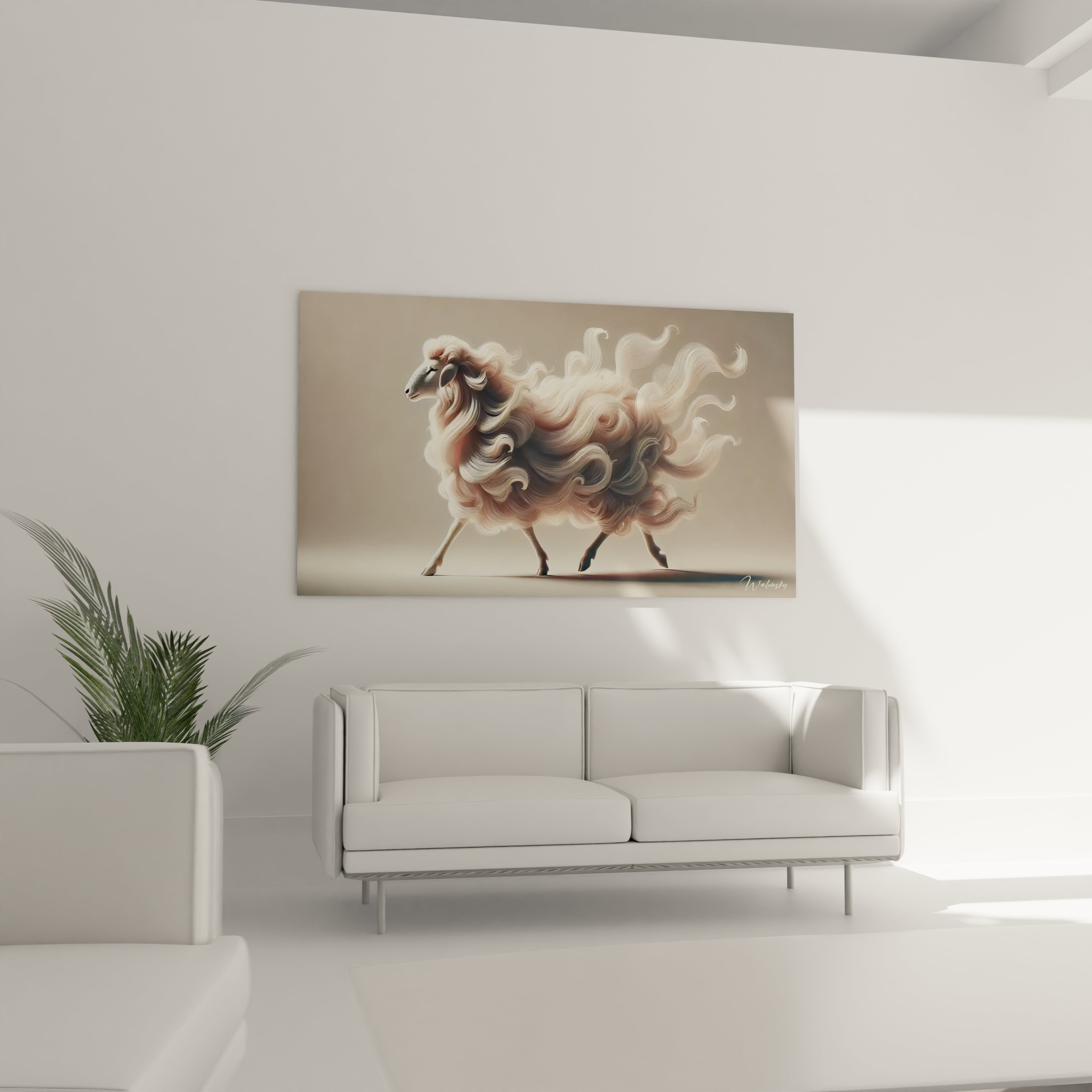 Accroche dans un salon au-dessus du canape, ce tableau mouton inspire la serenite. Les contrastes naturels de beige et marron s’harmonisent avec un decor contemporain chaleureux.

