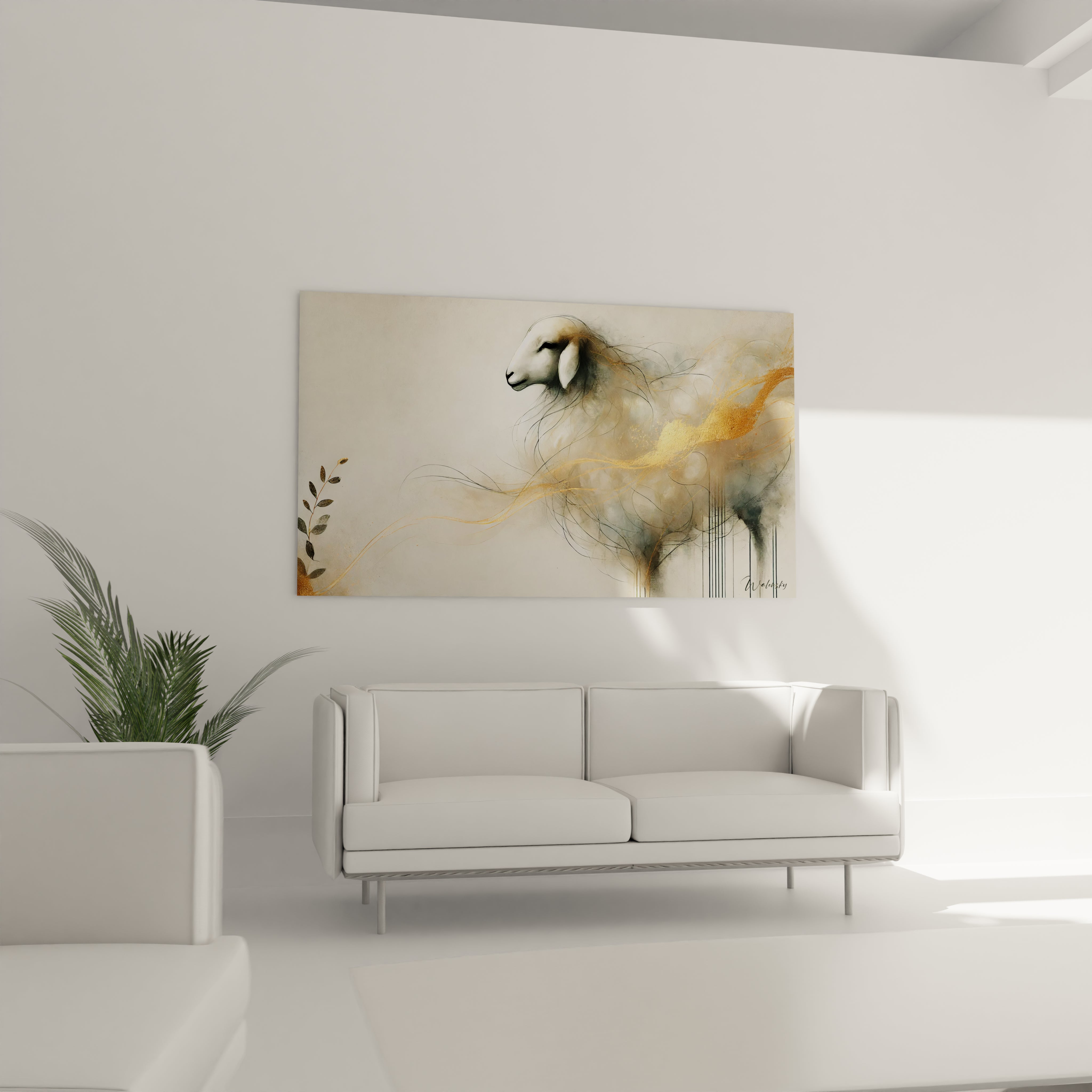 ajoutez une ambiance paisible a votre salon avec ce tableau mouton suspendu au dessus du canape. La laine en texture et l arriere plan dore donnent un effet lumineux et harmonieux

