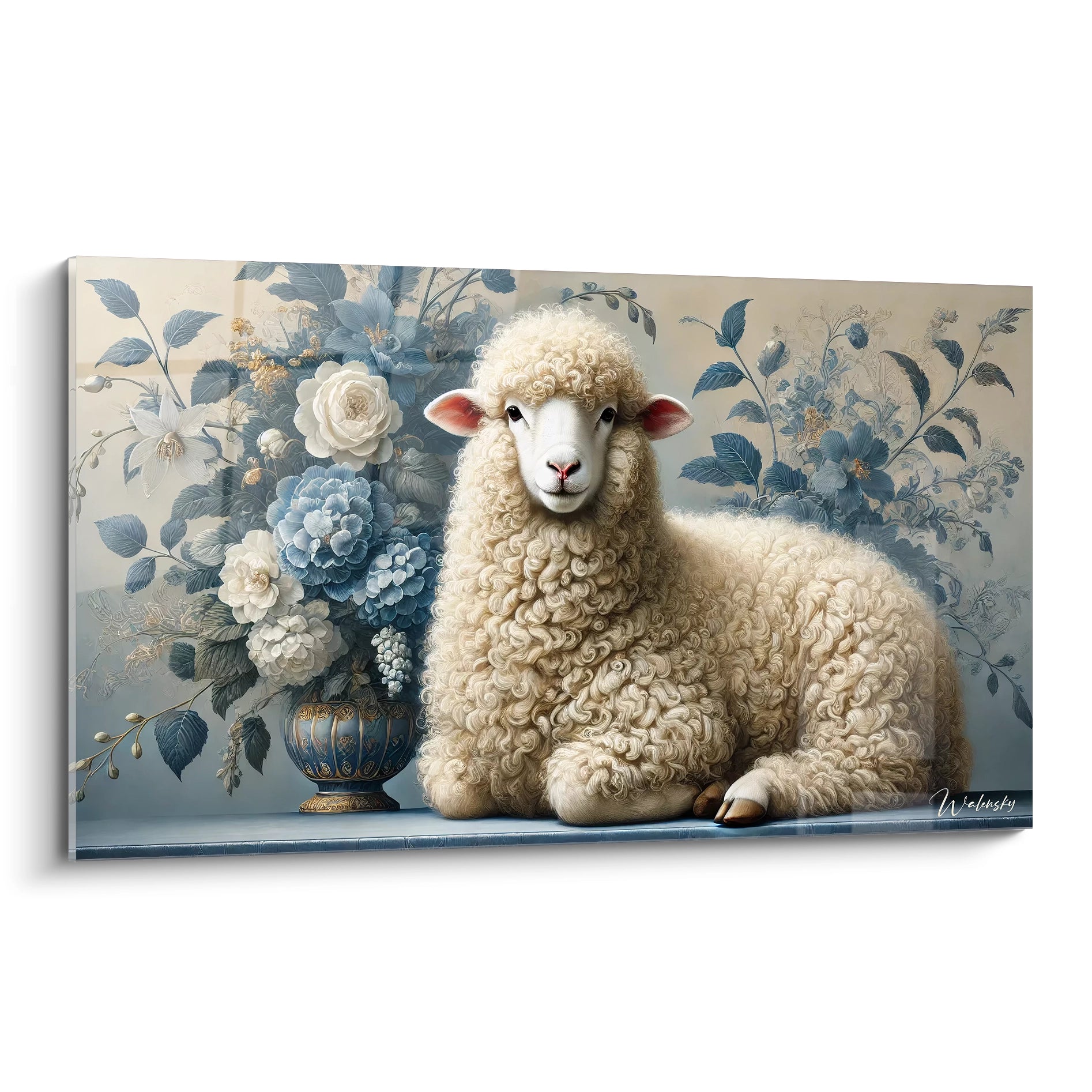 Admirez la sérénité d un tableau mouton capturant la douceur dans un cadre floral. Parfait pour ajouter une touche naturelle à votre intérieur avec des tons harmonieux de blanc et bleu.

