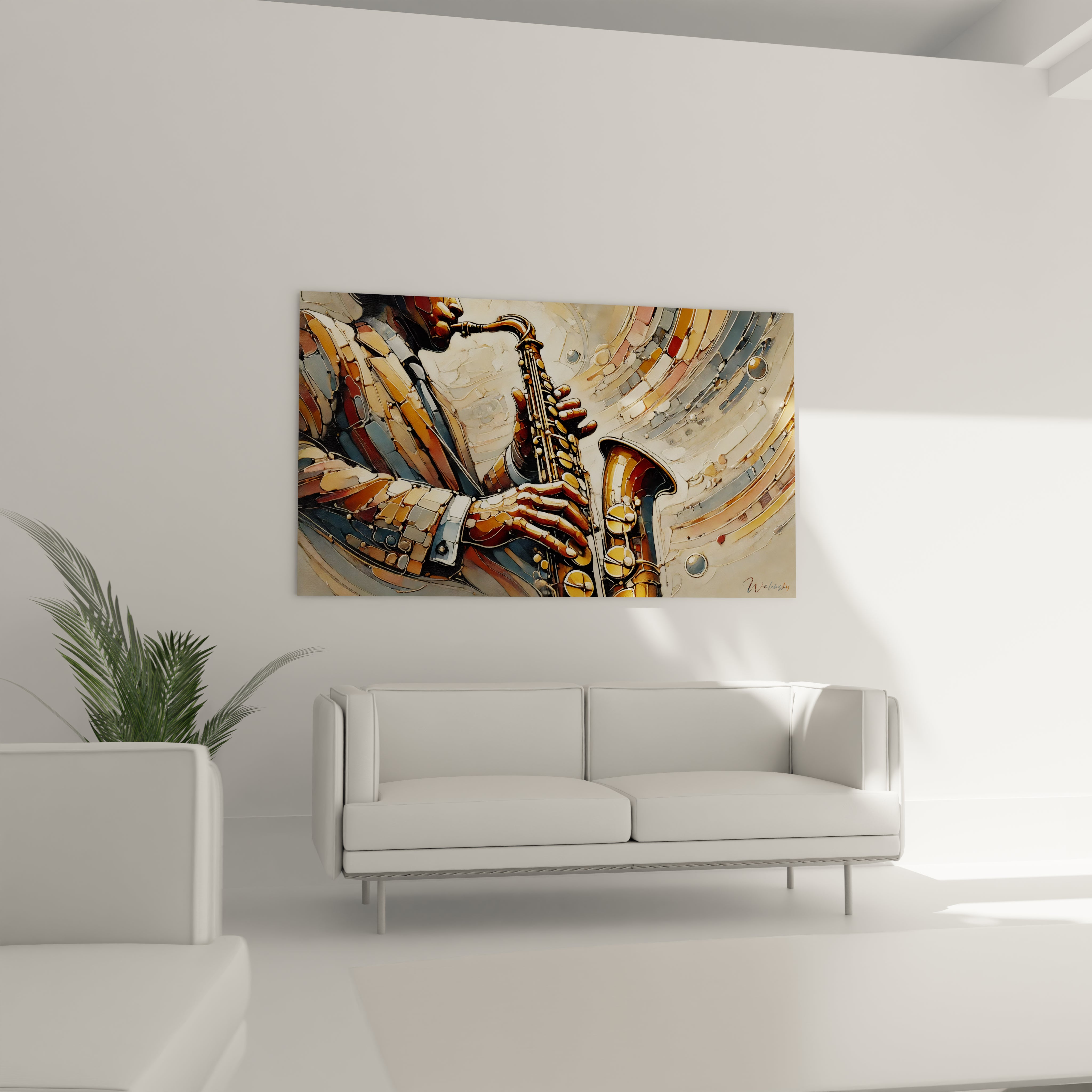 Un tableau musique abstrait dans un salon moderne, mettant en valeur un saxophoniste entouré de formes fluides et dorées.
