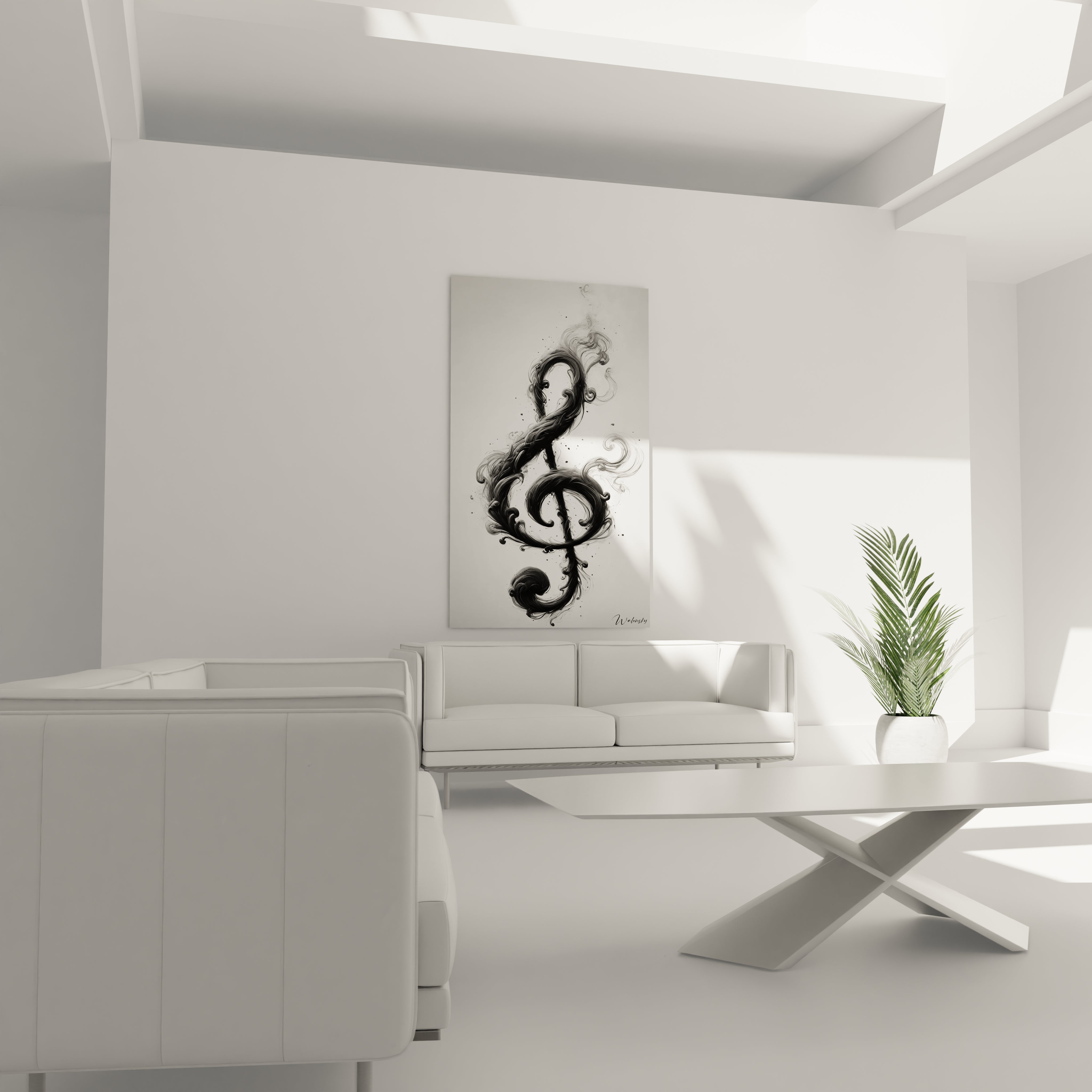 Tableau musique abstrait installé dans une chambre moderne, apportant une ambiance élégante et apaisante.
