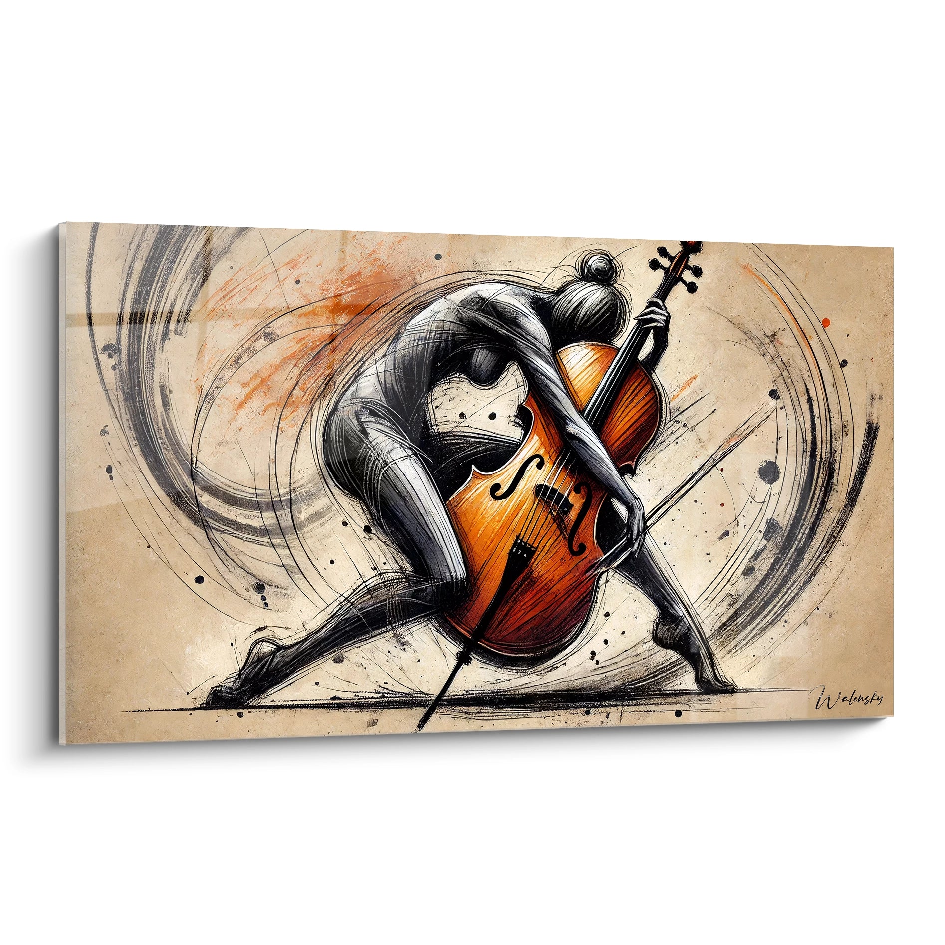 Un violoncelliste au cœur d’un tableau musique abstrait, avec des éclats orange et des lignes dynamiques.
