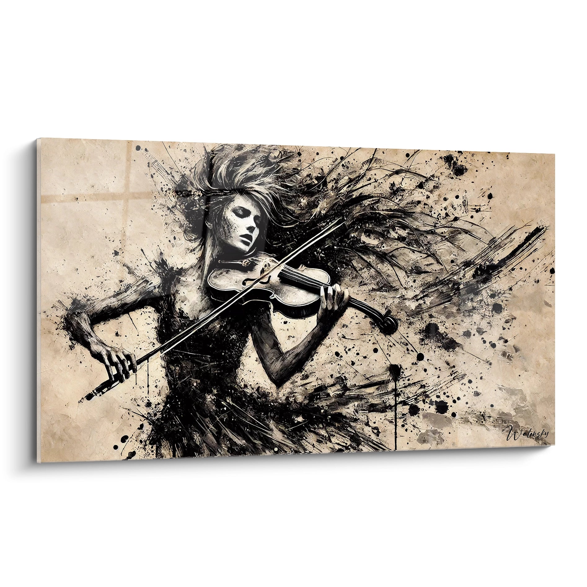 Un violoniste vibrant dans un tableau musique abstrait, entouré de textures noires et beige.
