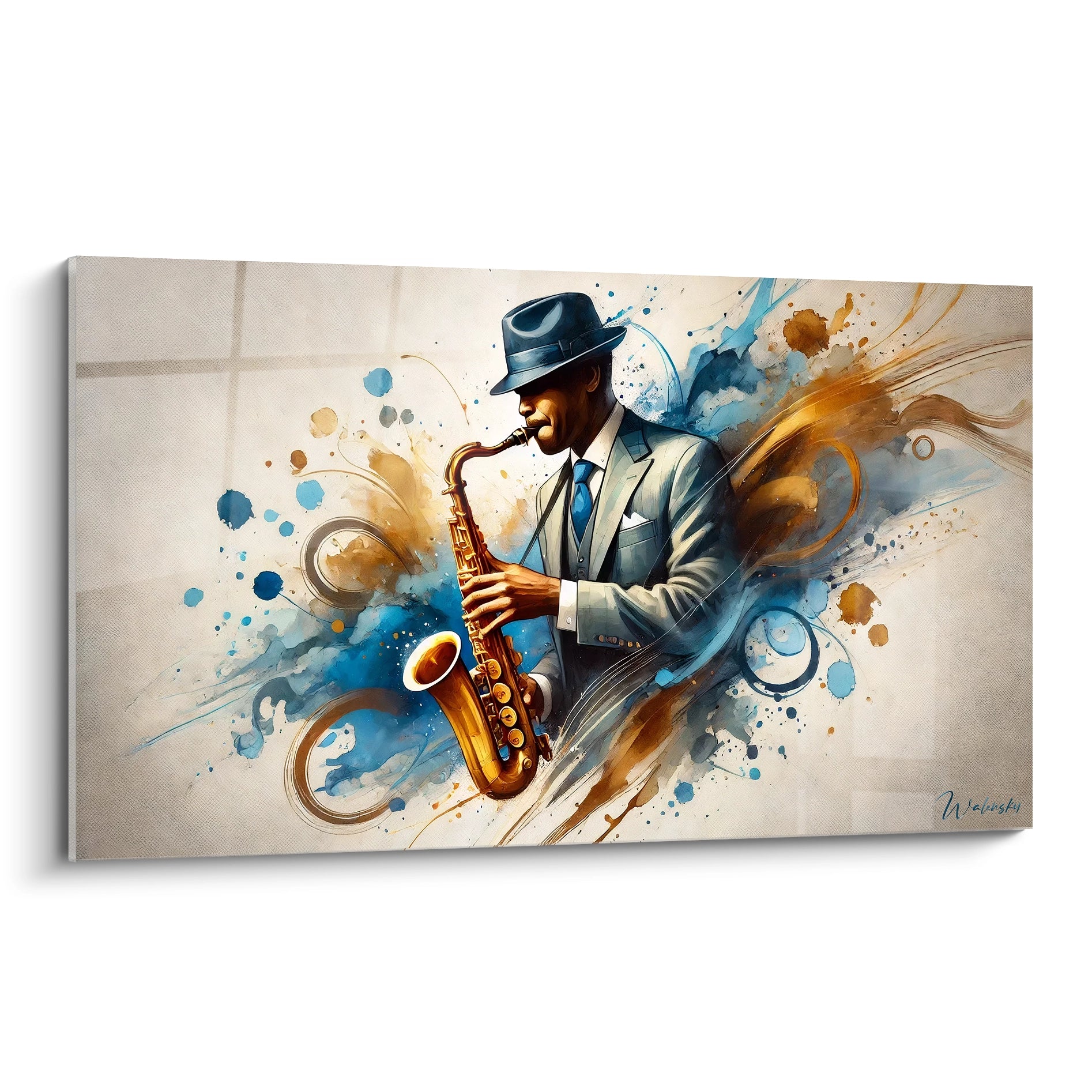 Un saxophoniste vibrant dans un tableau musique abstrait, entouré de couleurs jaune et bleu marine éclatantes.
