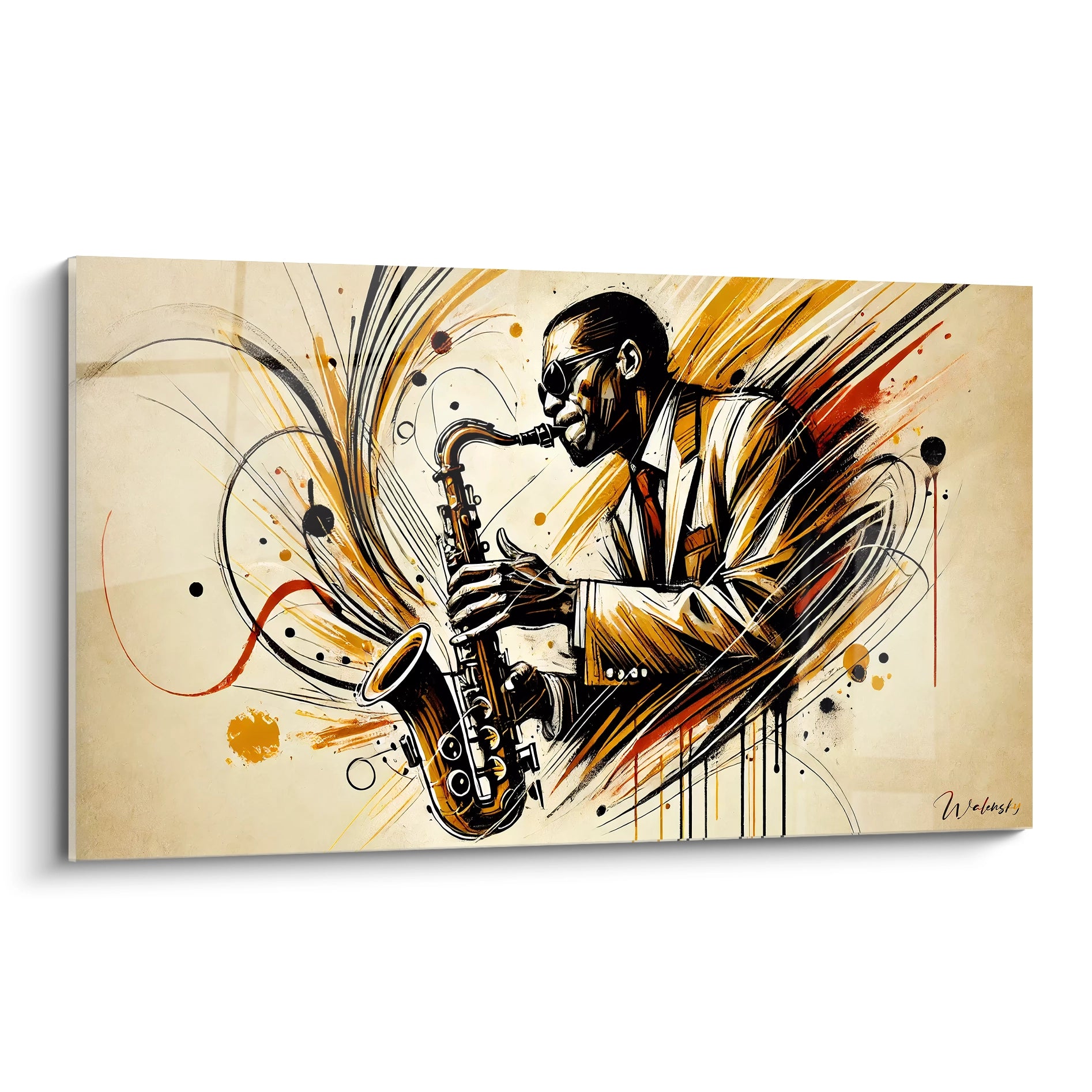 Un musicien jouant du saxophone dans un tableau musique abstrait, entouré de formes dynamiques et d’éclats orange.
