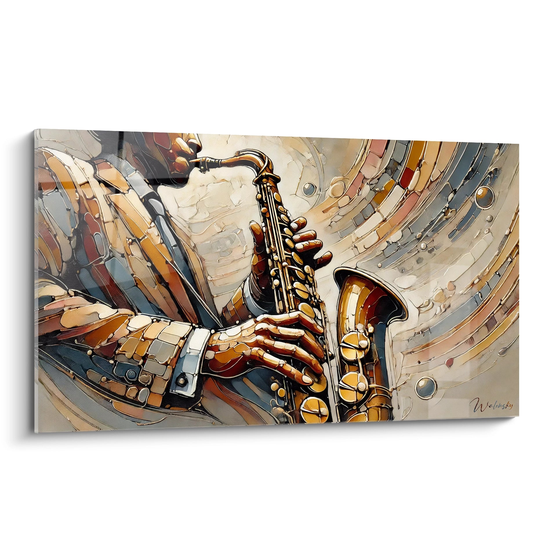 Un musicien jouant du saxophone dans un tableau musique abstrait, aux tons bronze et dorés, avec des textures vibrantes.
