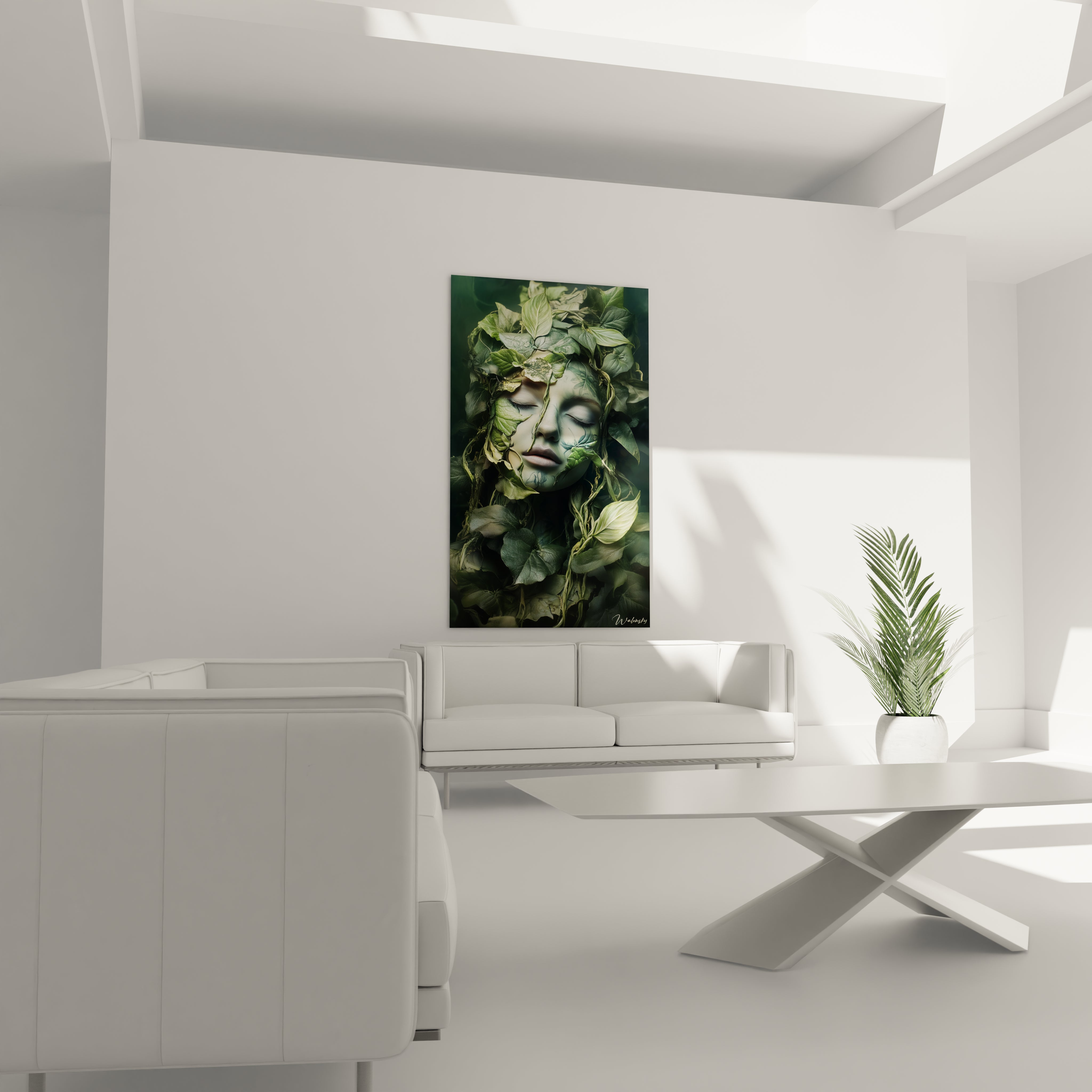 Un tableau visage sylvestre présentant un portrait féminin serein entrelacé de feuillages variés. Les textures lisses de la peau et les surfaces nervurées des feuilles créent un contraste tactile sur fond vert sombre, suggérant une fusion mystique avec la nature.
