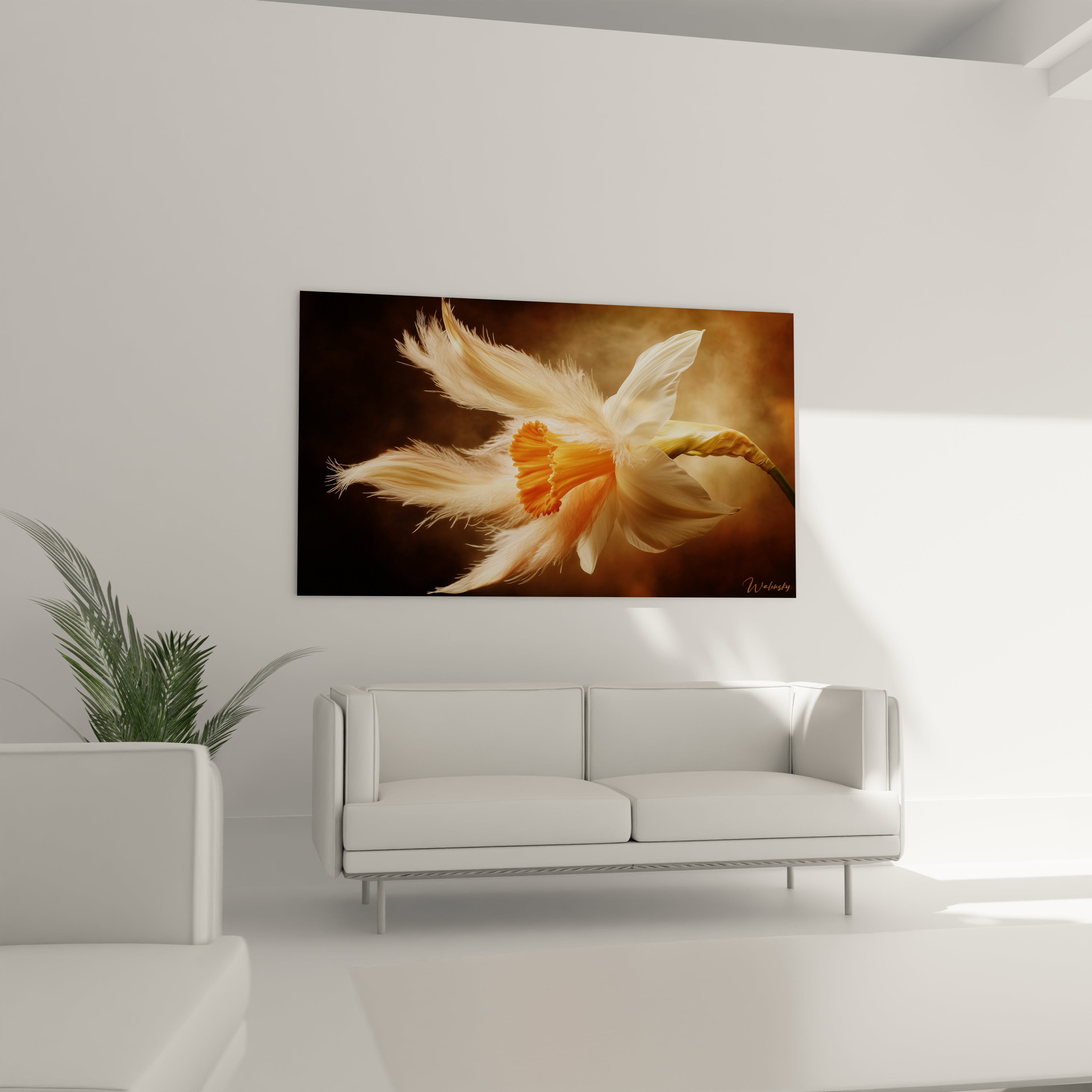 Un tableau Narcisse nature présentant une fleur de narcisse stylisée avec des pétales allongés, blanc crème et beige. Le centre orange contraste avec un fond dégradé aux nuances brunes et dorées.

