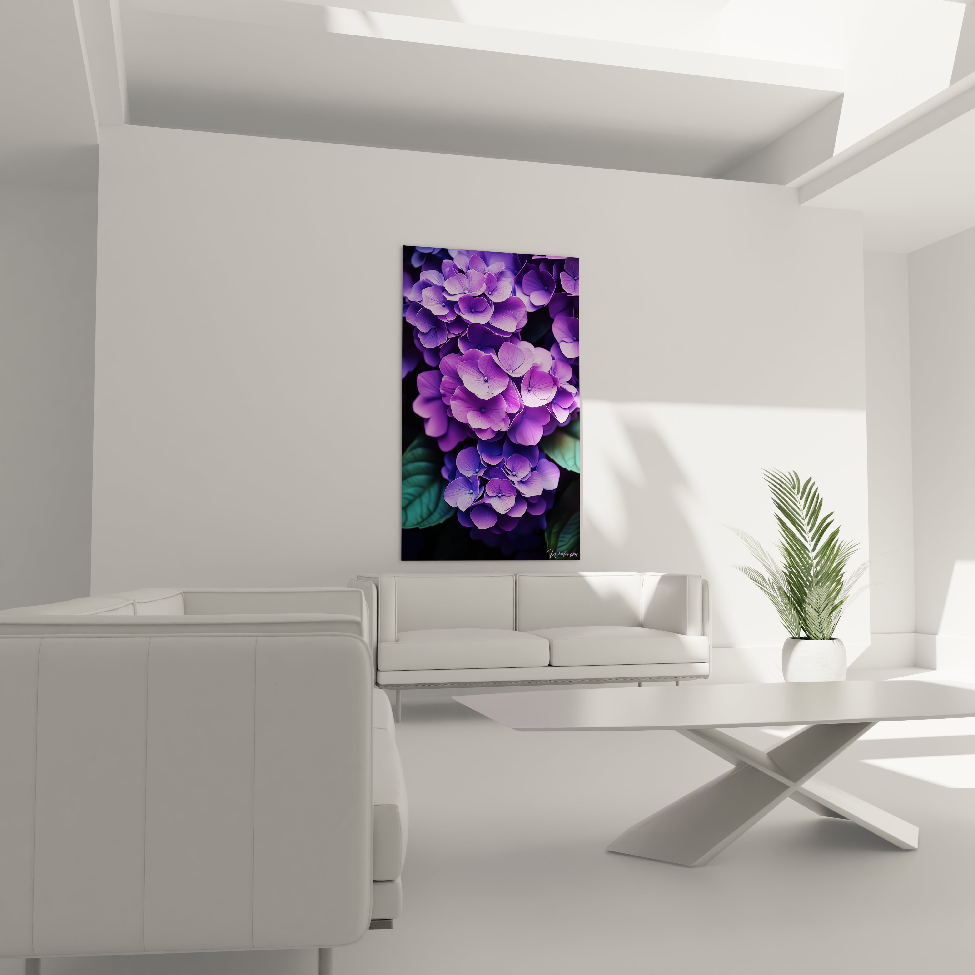 Un tableau Hortensia nature mettant en avant des fleurs aux teintes violettes et bleues, avec des effets de reliefs doux et un jeu d’ombres accentuant le volume des pétales et des feuilles.

