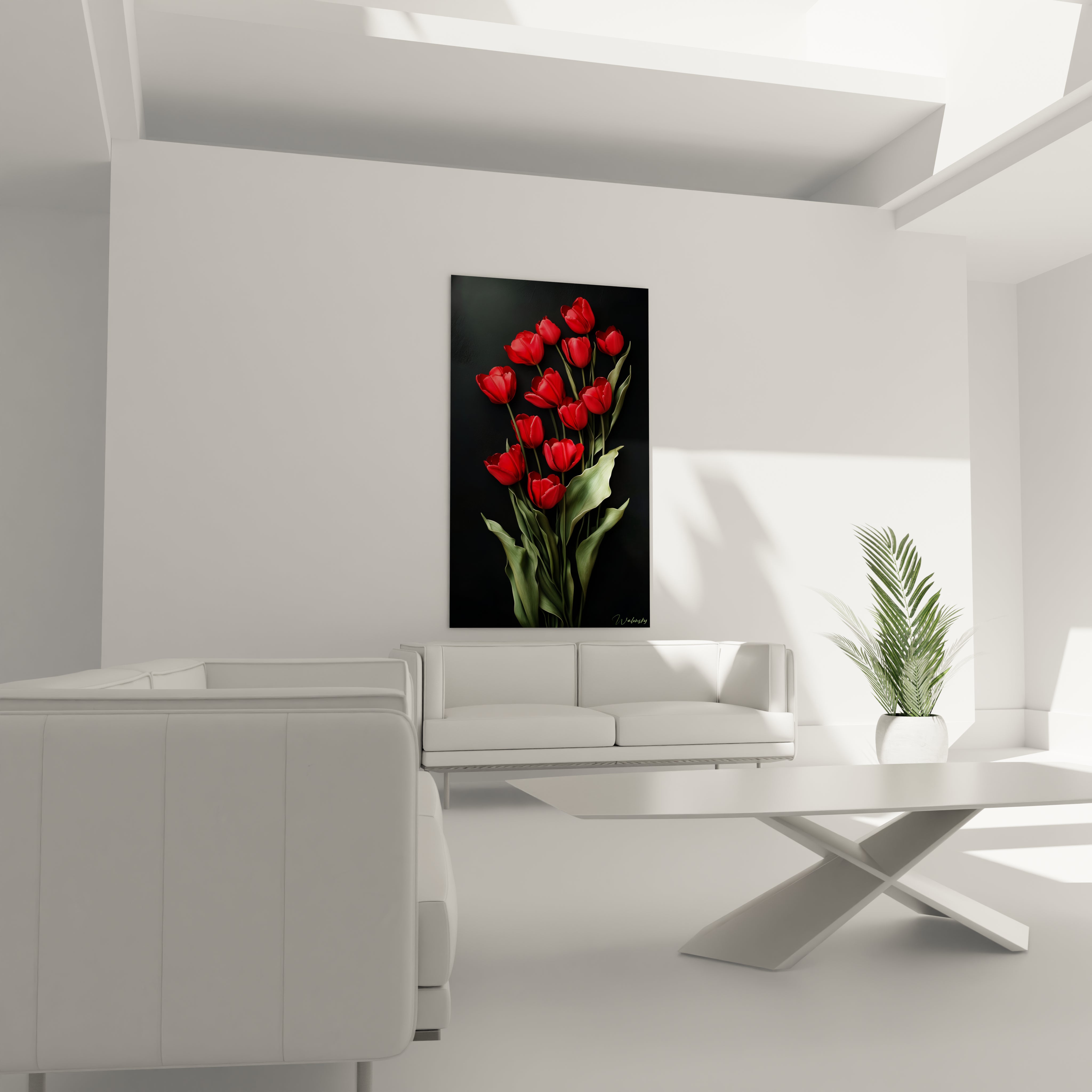 Un tableau Tulipe nature illustrant un ensemble de tulipes rouges en pleine floraison, avec des feuilles aux nervures visibles, le tout disposé sur un arrière-plan noir lisse pour une mise en valeur précise.

