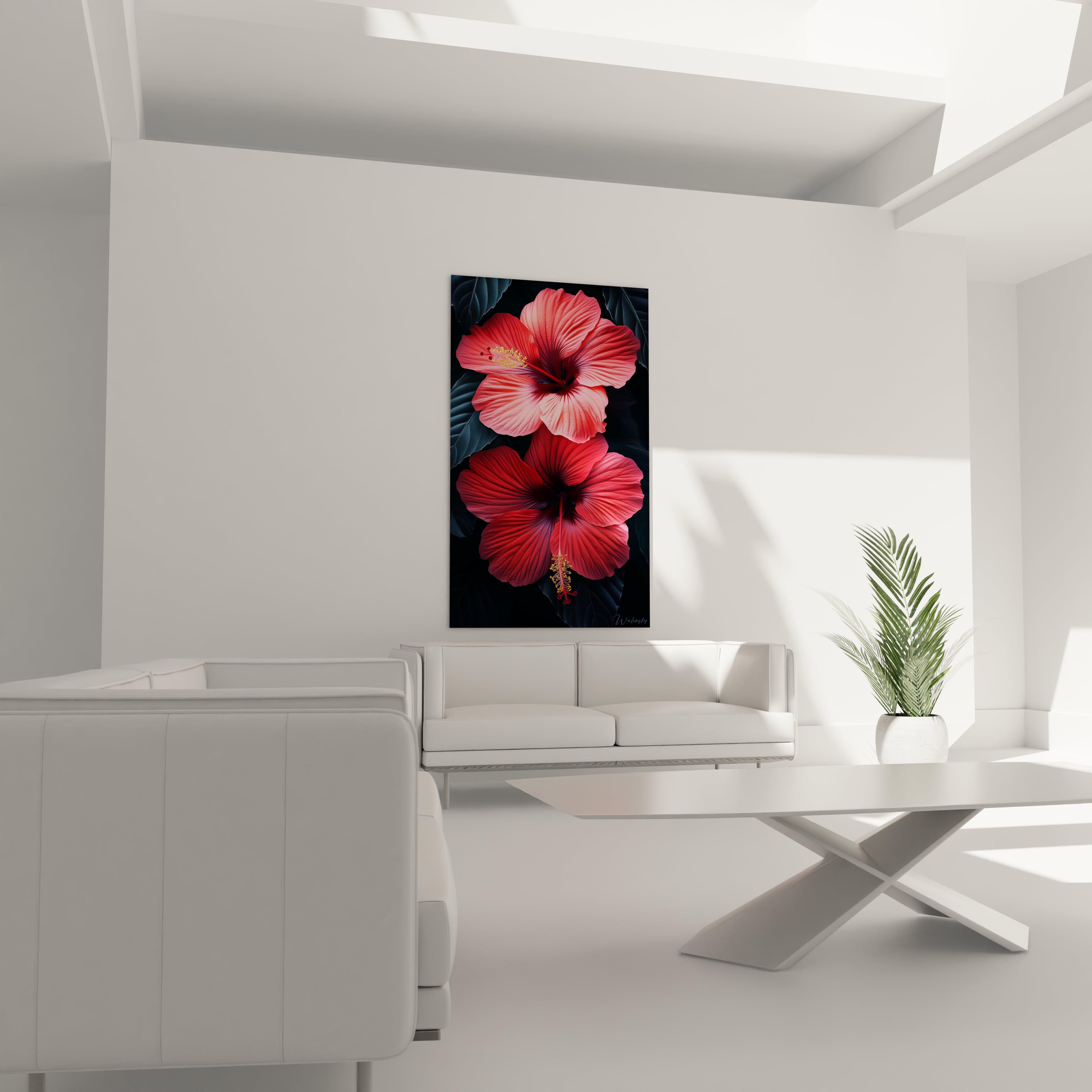 Un tableau Hibiscus nature mettant en avant deux fleurs d’hibiscus aux pétales rouges et roses, avec un effet de profondeur, des détails fins et un fond composé de feuillages noirs et bleutés.

