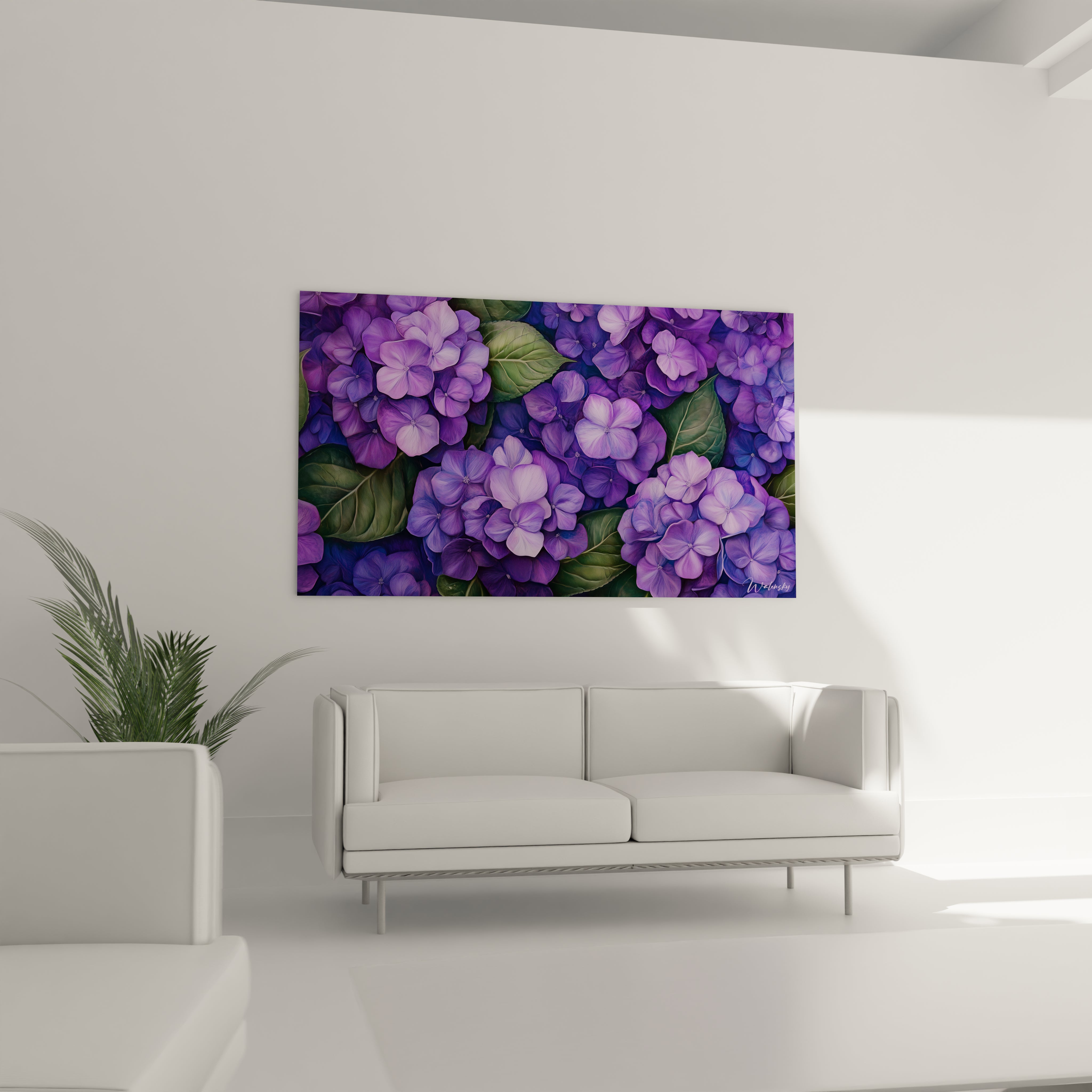 Un tableau Hortensia nature montrant un assemblage de fleurs aux teintes violettes et bleues, avec un effet de superposition créant de la profondeur et des feuilles vertes en arrière-plan.

