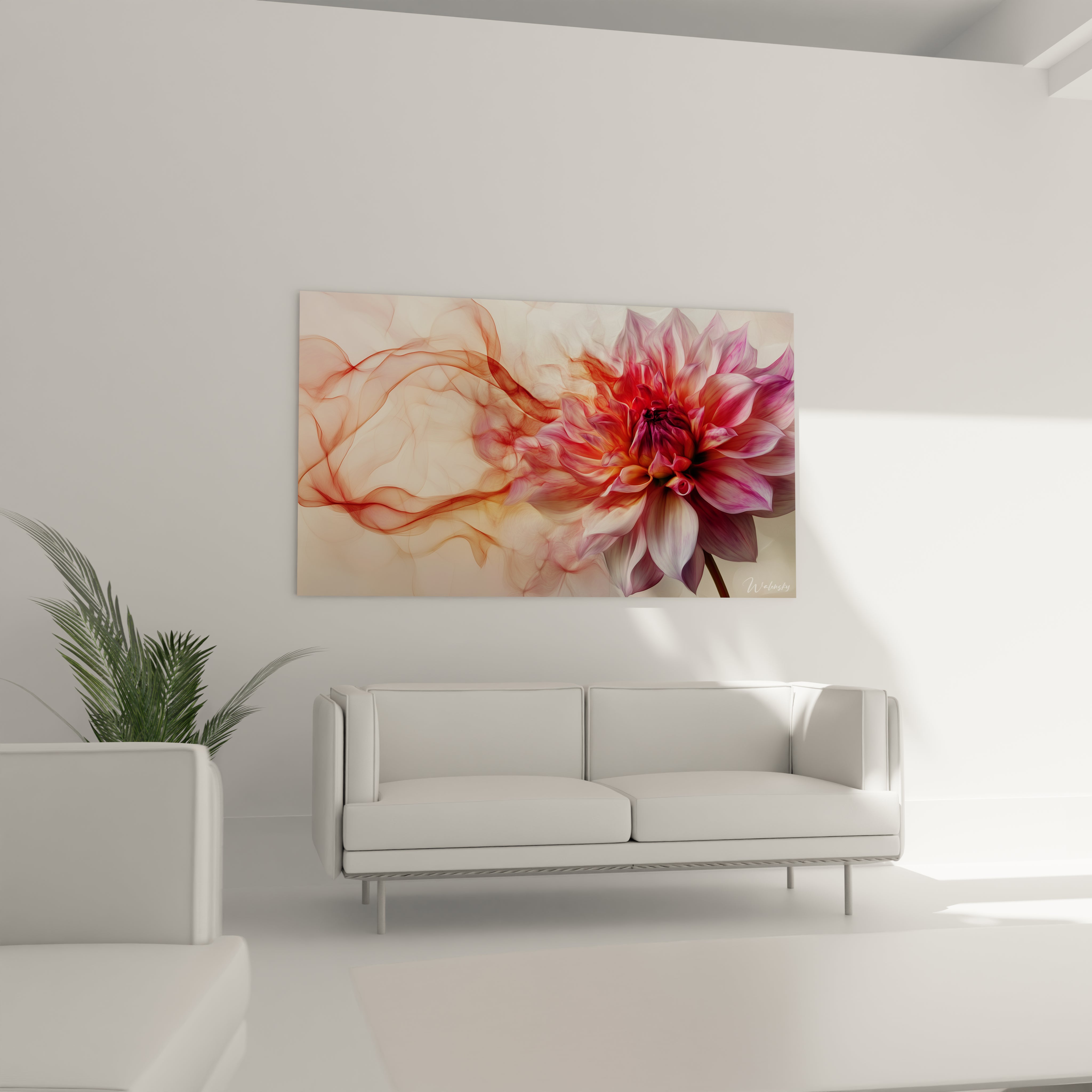 Un tableau Dahlia nature mettant en avant une fleur aux nuances de rose, beige et or rose, avec des textures douces et des contours estompés, créant une impression de profondeur progressive.

