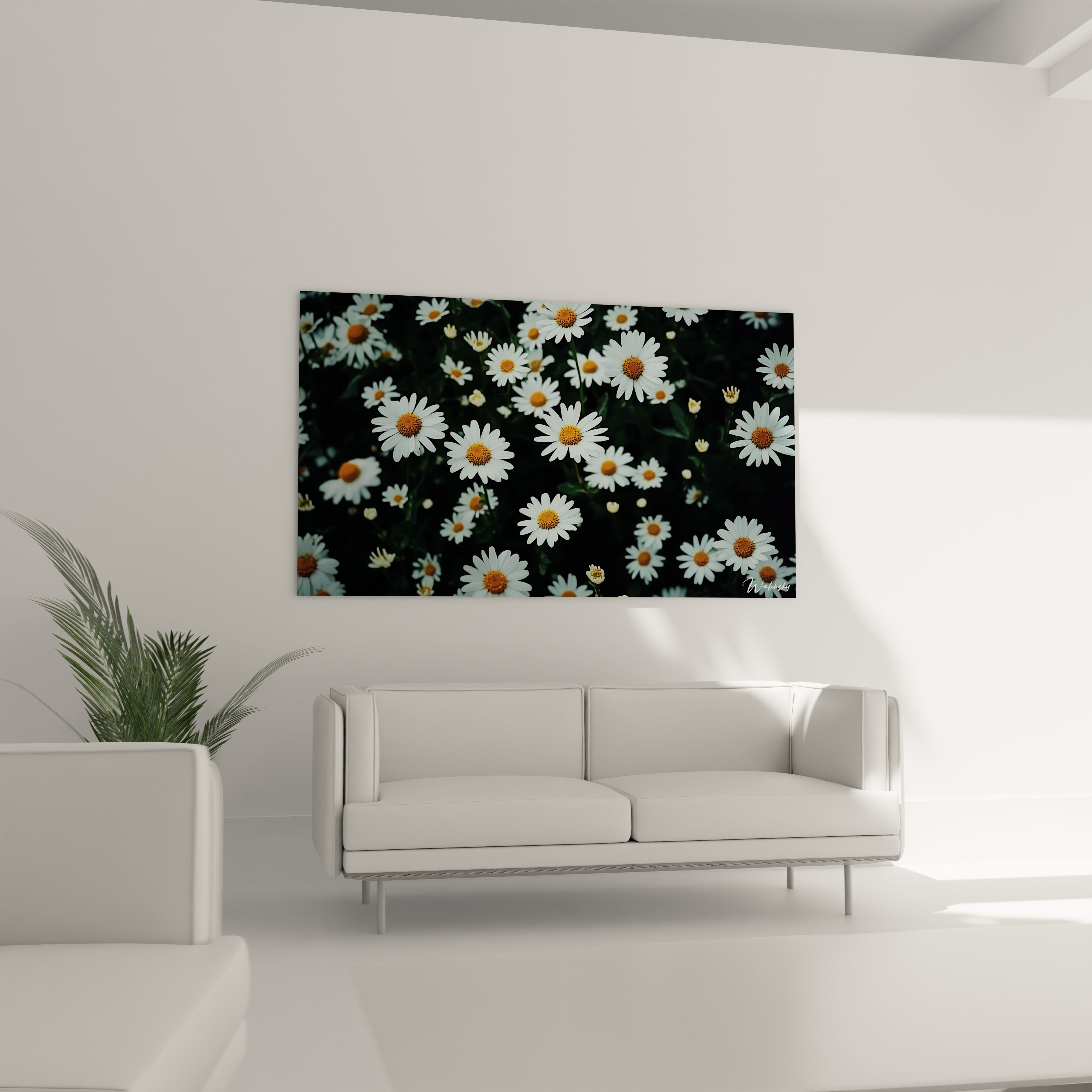 Un tableau marguerite nature composé de fleurs aux pétales blancs et centres jaunes, sur un fond verdoyant, avec une texture détaillée au premier plan et un flou progressif vers l’arrière-plan.

