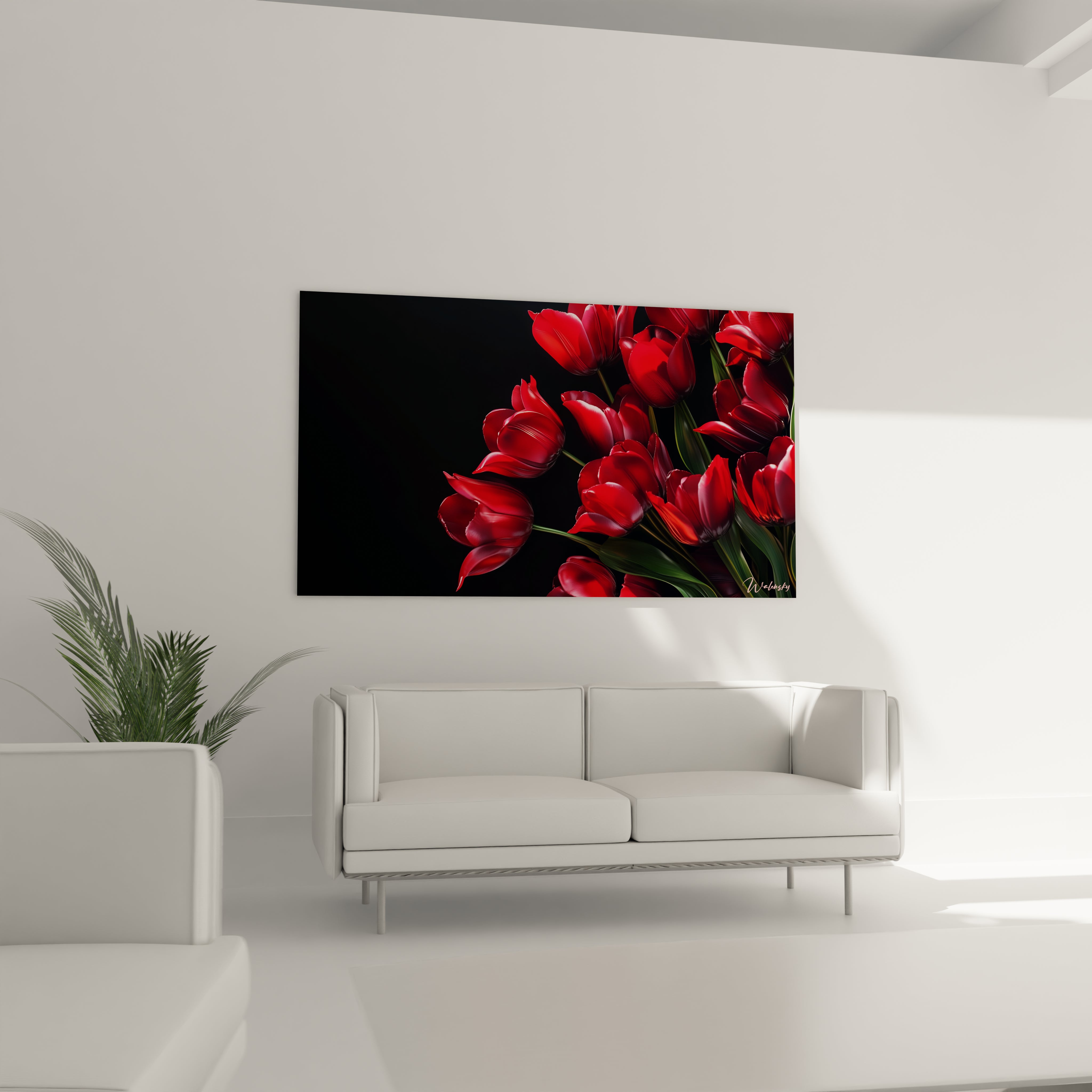 Un tableau Tulipe nature illustrant des tulipes aux pétales rouge vif et brillants, accompagnées de tiges vertes détaillées. Le fond sombre met en valeur les reflets et la structure florale.

