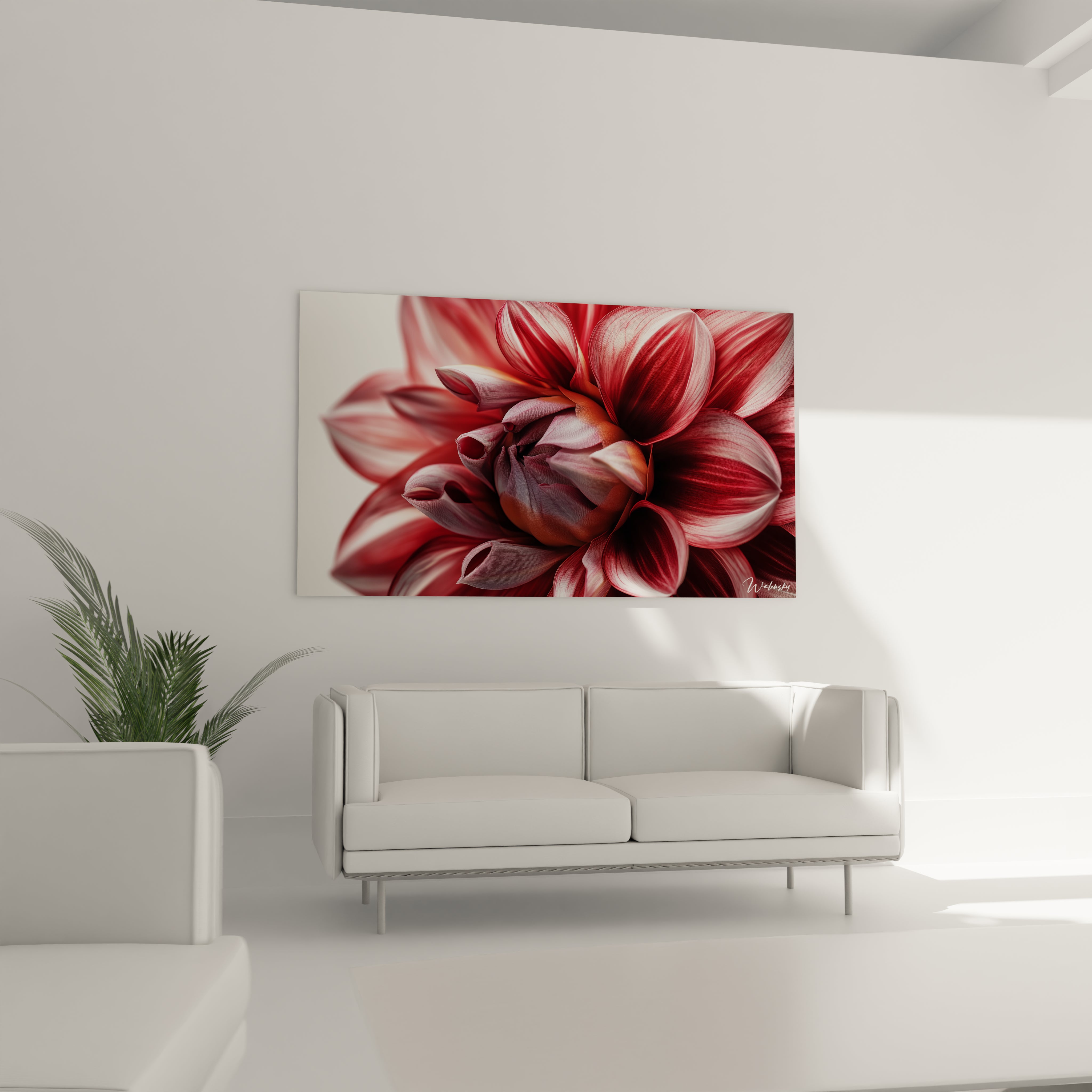 Un tableau Dahlia nature capturant une vue rapprochée d’un dahlia, avec des pétales rouges et blancs aux contours marqués, une texture douce et un centre orangé accentué par des contrastes lumineux.

