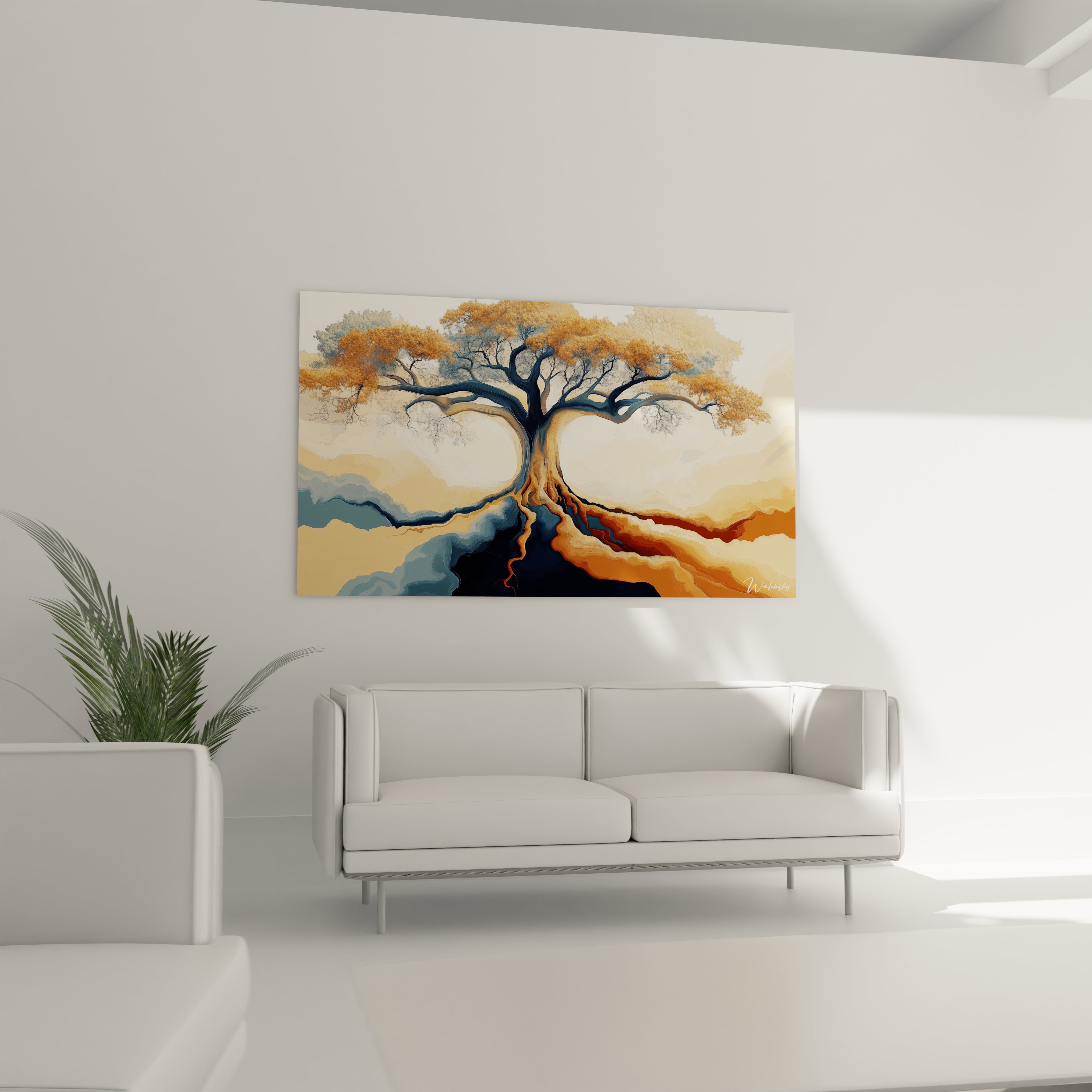 Un tableau baobab nature illustrant un arbre stylisé, aux racines visibles, avec des contrastes de bleu marine, orange et beige, des dégradés fluides et une texture douce et lisse.

