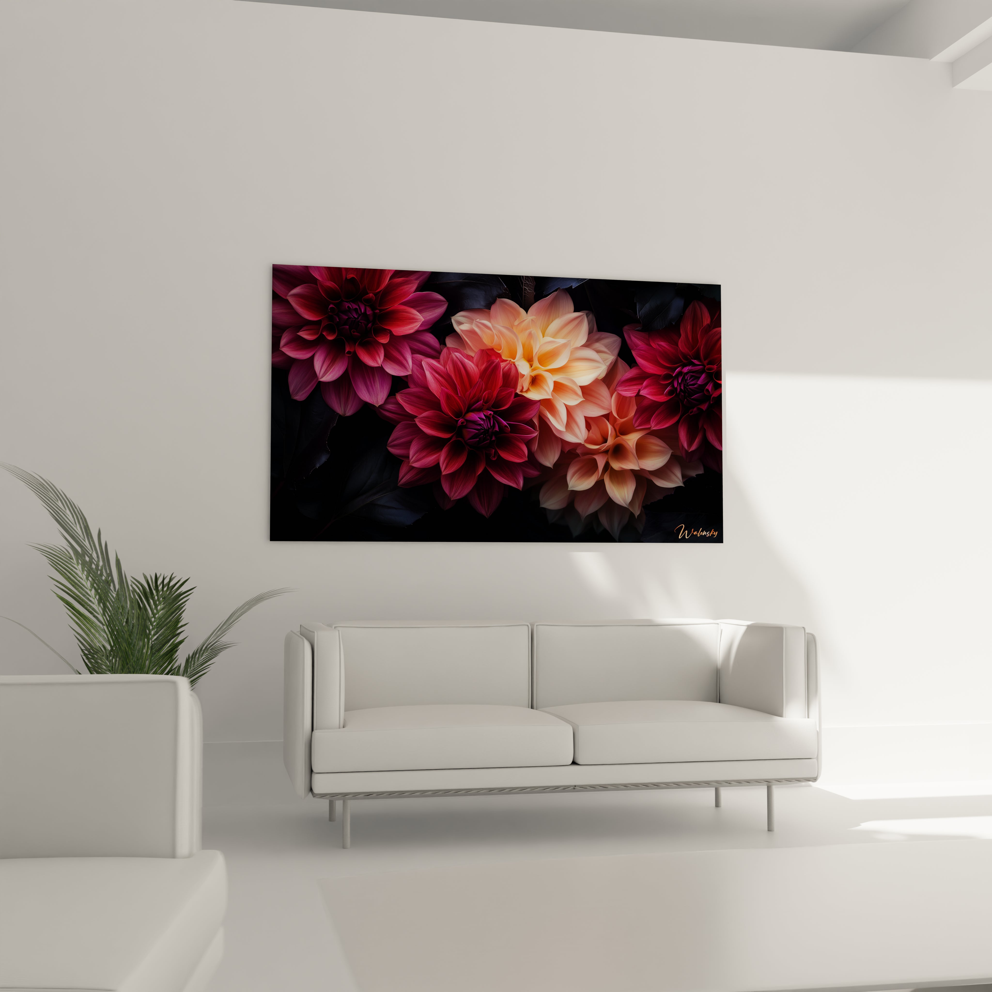 Un tableau Dahlia nature illustrant plusieurs dahlias en gros plan, aux couleurs rouge, rose et orange, avec des pétales finement détaillés et un arrière-plan sombre accentuant la profondeur visuelle.

