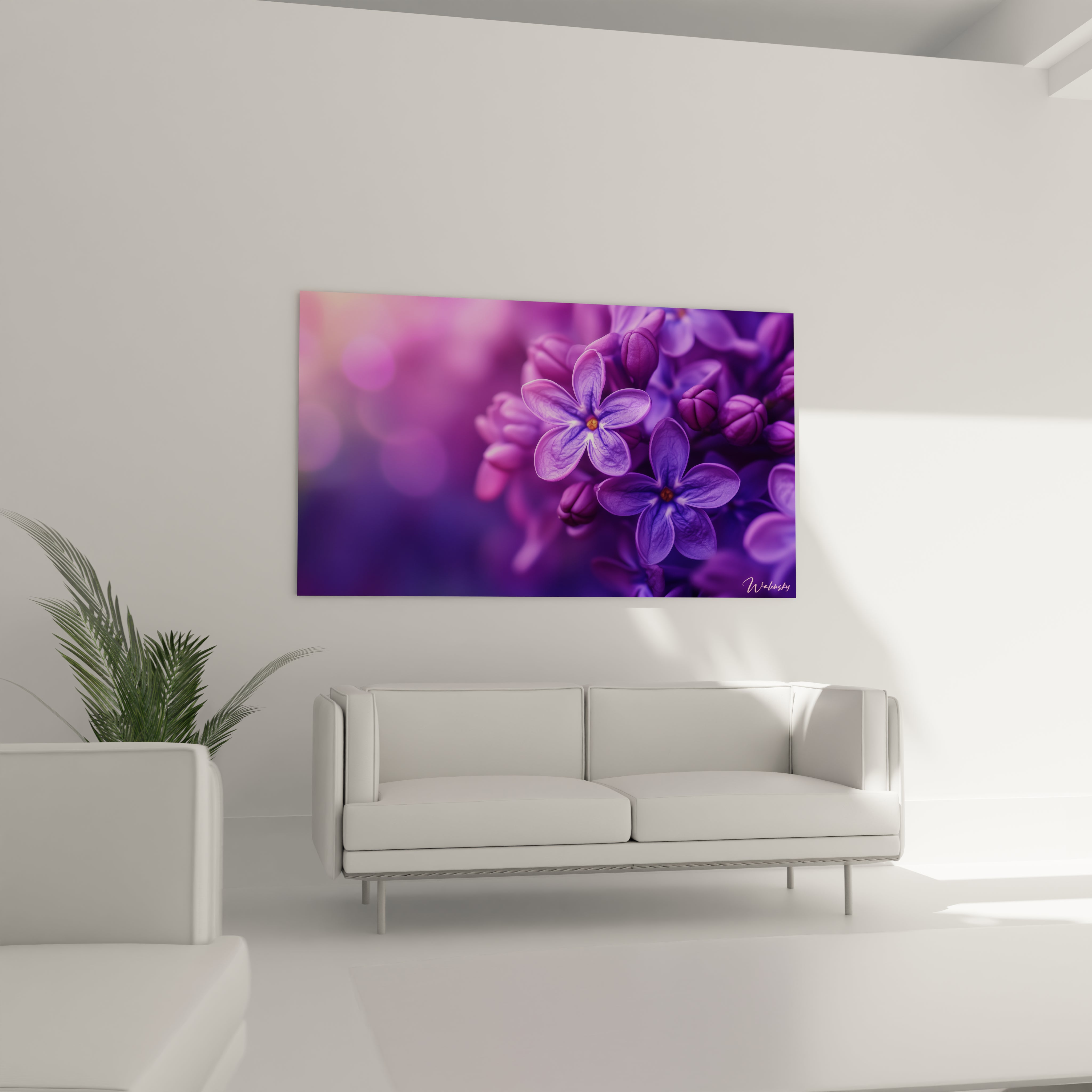 Un tableau Lilas nature mettant en scène des fleurs de lilas en violet et rose, sur un fond flou et lumineux. Les contours sont flous, et l’aspect général est doux et délicat.

