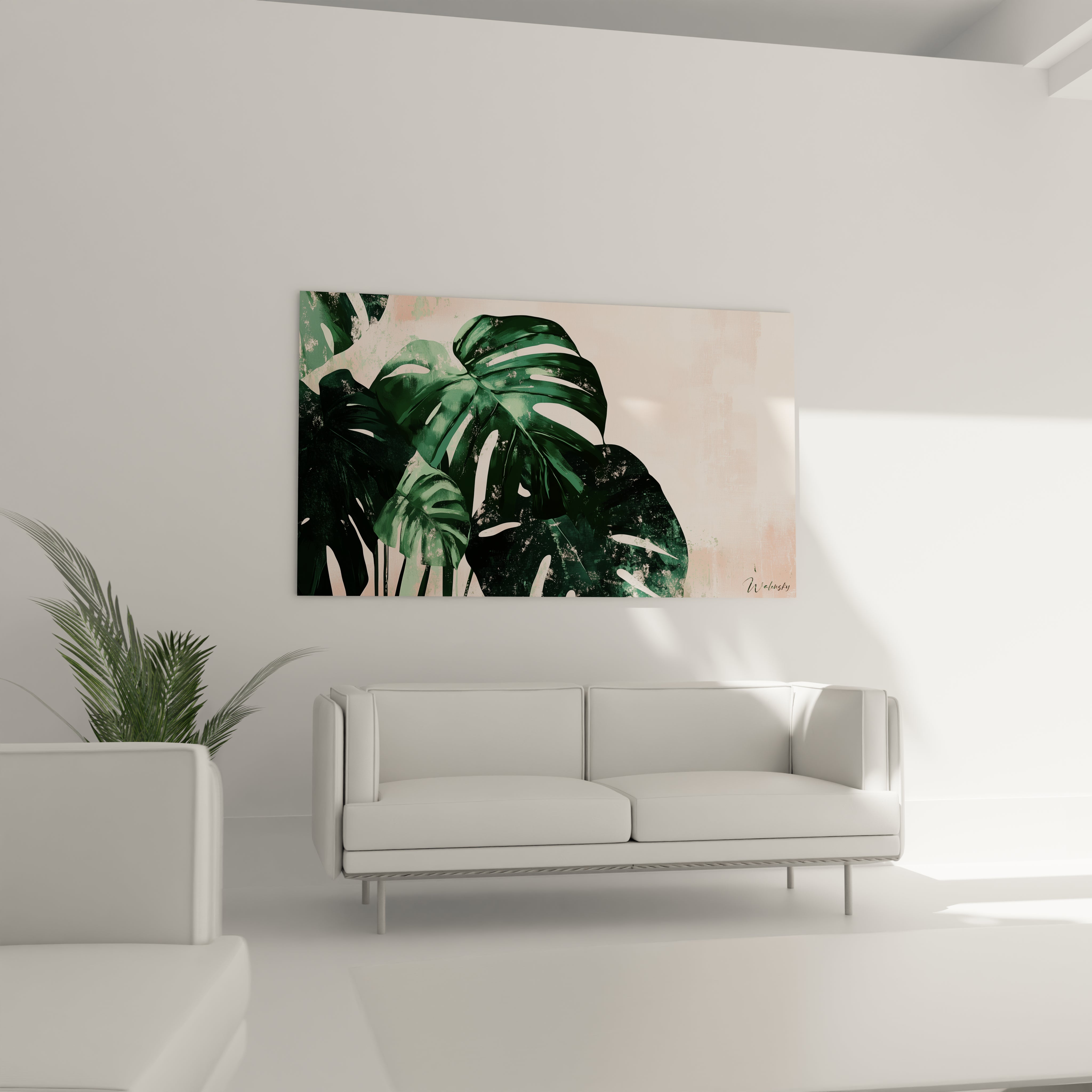 Un tableau Monstera nature mettant en avant des feuilles de Monstera aux nuances vertes, disposées sur un fond beige et rose aux effets d’usure. Mélange de textures lisses et irrégulières.

