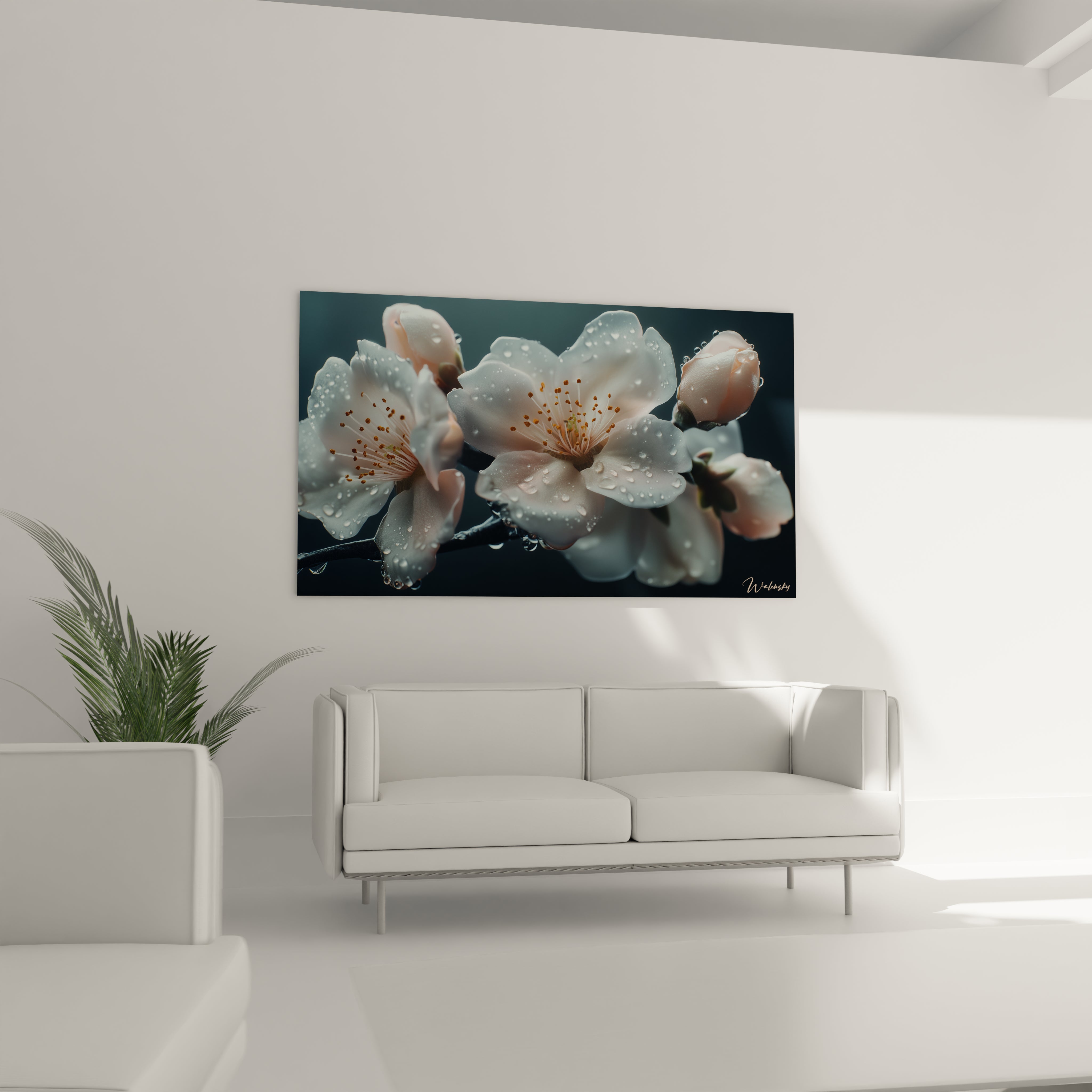 Un tableau Fleur de cerisier nature illustrant une branche sombre portant des fleurs en éclosion, avec des nuances de blanc et or rose, des textures douces et un effet de profondeur marqué.

