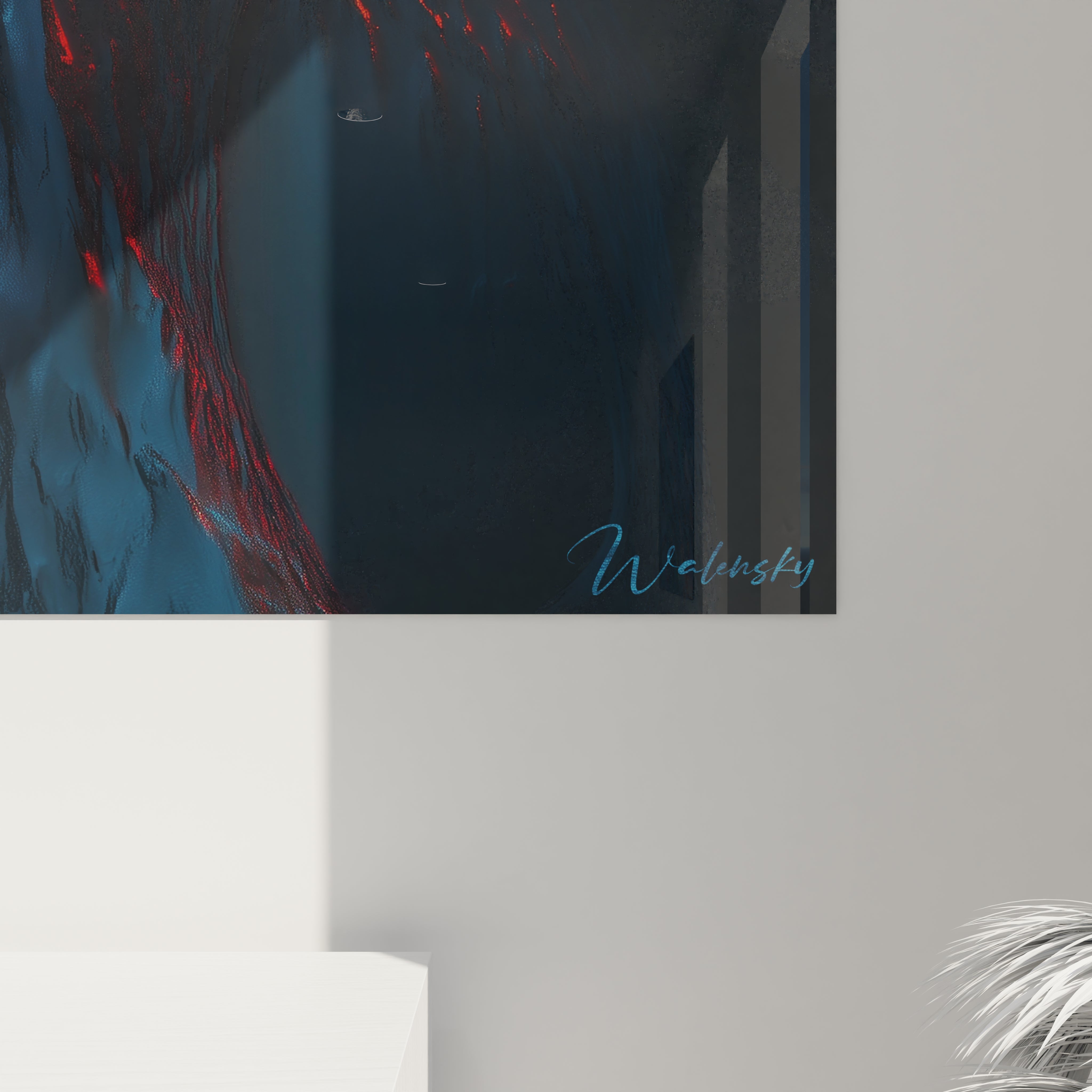 Un tableau de dualité naturelle montrant la coexistence paradoxale de l'eau et du magma, où des teintes bleu profond et cyan contrastent avec des rouges et oranges éclatants, créant une frontière verticale où deux éléments primordiaux semblent à la fois se combattre et se compléter.
