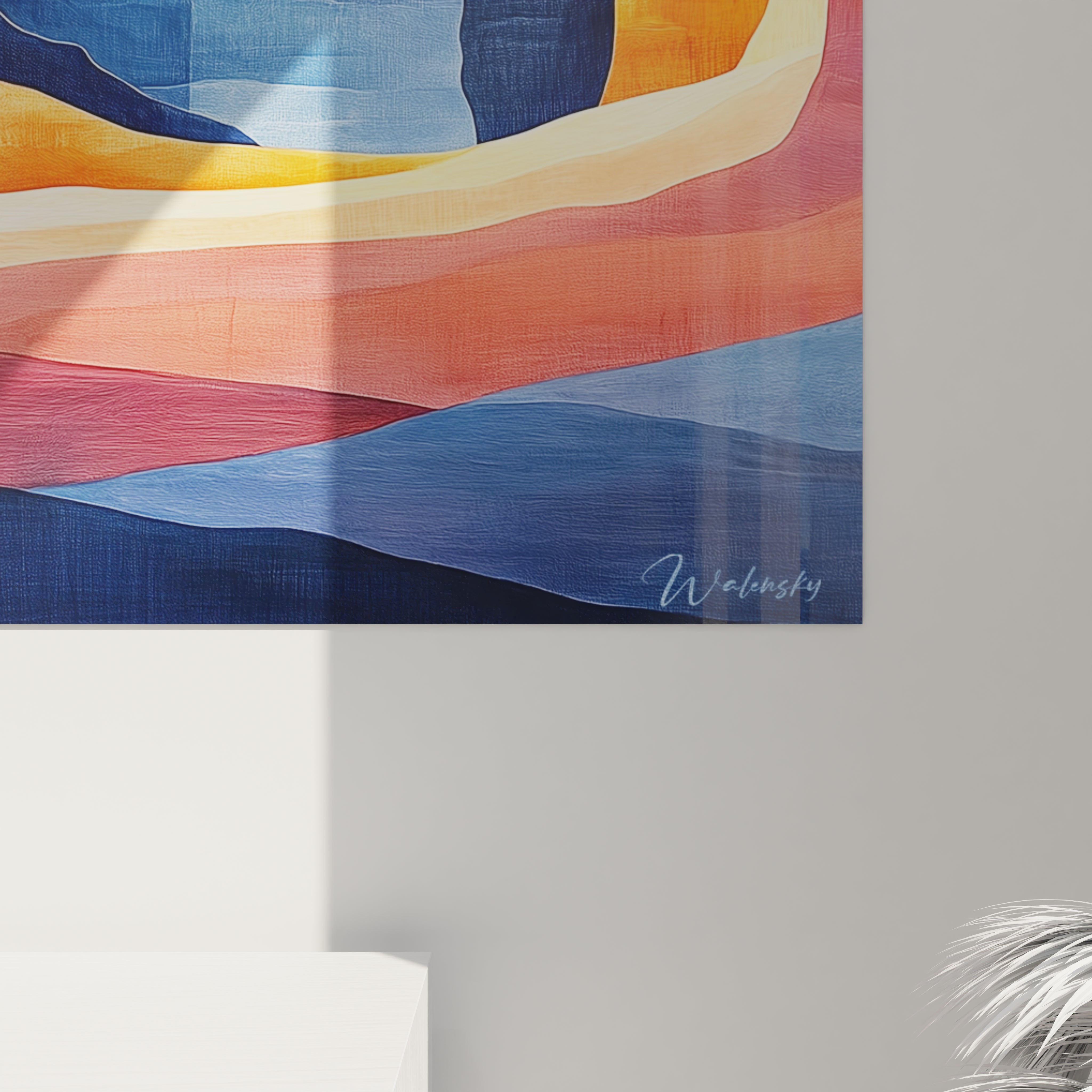 Tableau canyon moderne aux couleurs vives mélangeant orange incandescent, bleu profond et rose tendre, avec une composition géométrique de strates horizontales et verticales suggérant l'architecture naturelle d'une gorge désertique.
