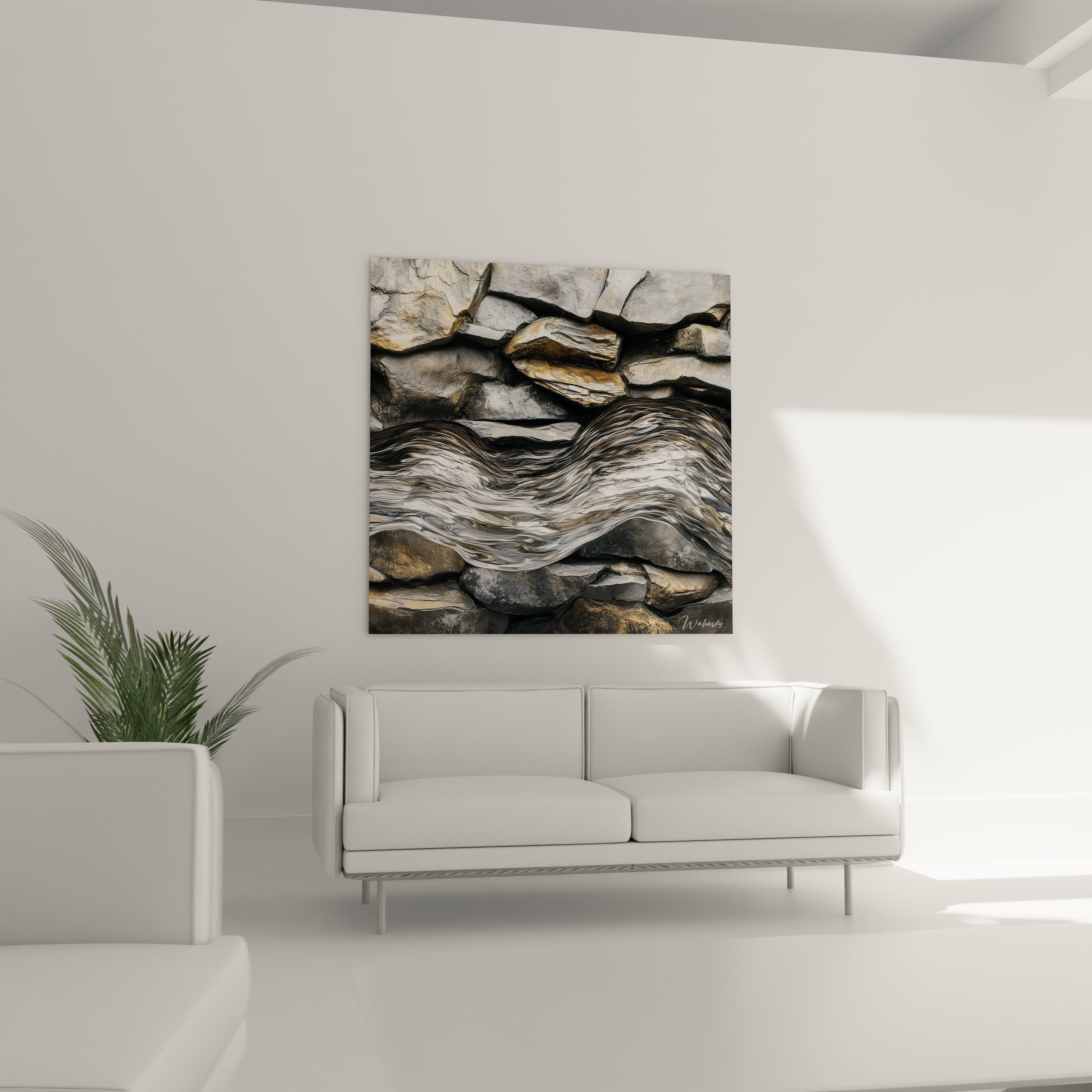 Un tableau roches et eau capturant la rencontre entre matières minérales aux textures fragmentées grises et dorées et un courant argenté ondulant, évoquant un paysage naturel stylisé où l'élément liquide semble traverser et épouser la structure rocheuse.
