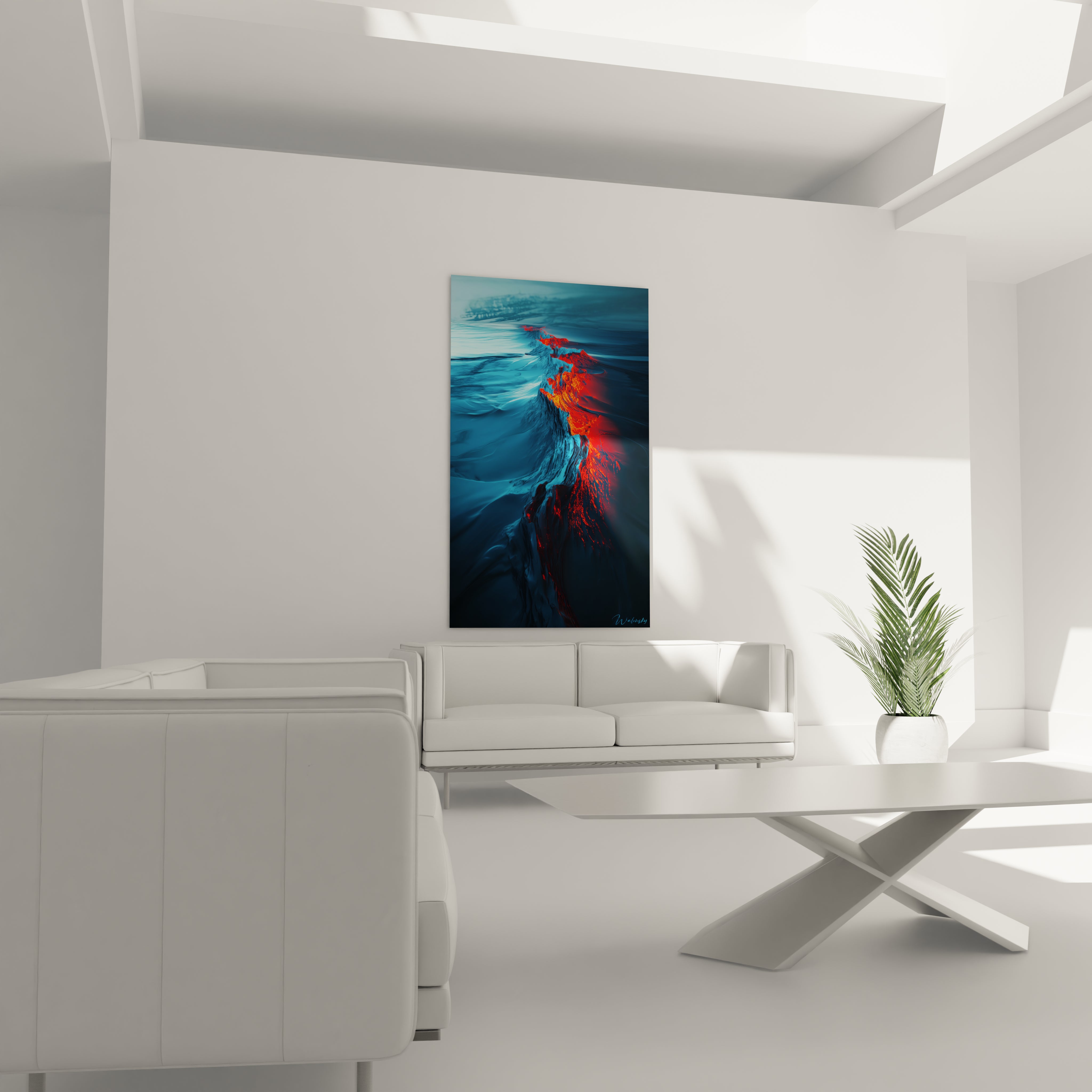 Un tableau volcanique marin capturant l'instant précis où les profondeurs bleutées de l'océan rencontrent l'incandescence rouge-orangée d'une éruption sous-marine, avec des textures lisses pour l'eau et granuleuses pour la lave, unies dans une composition verticale dramatique.

