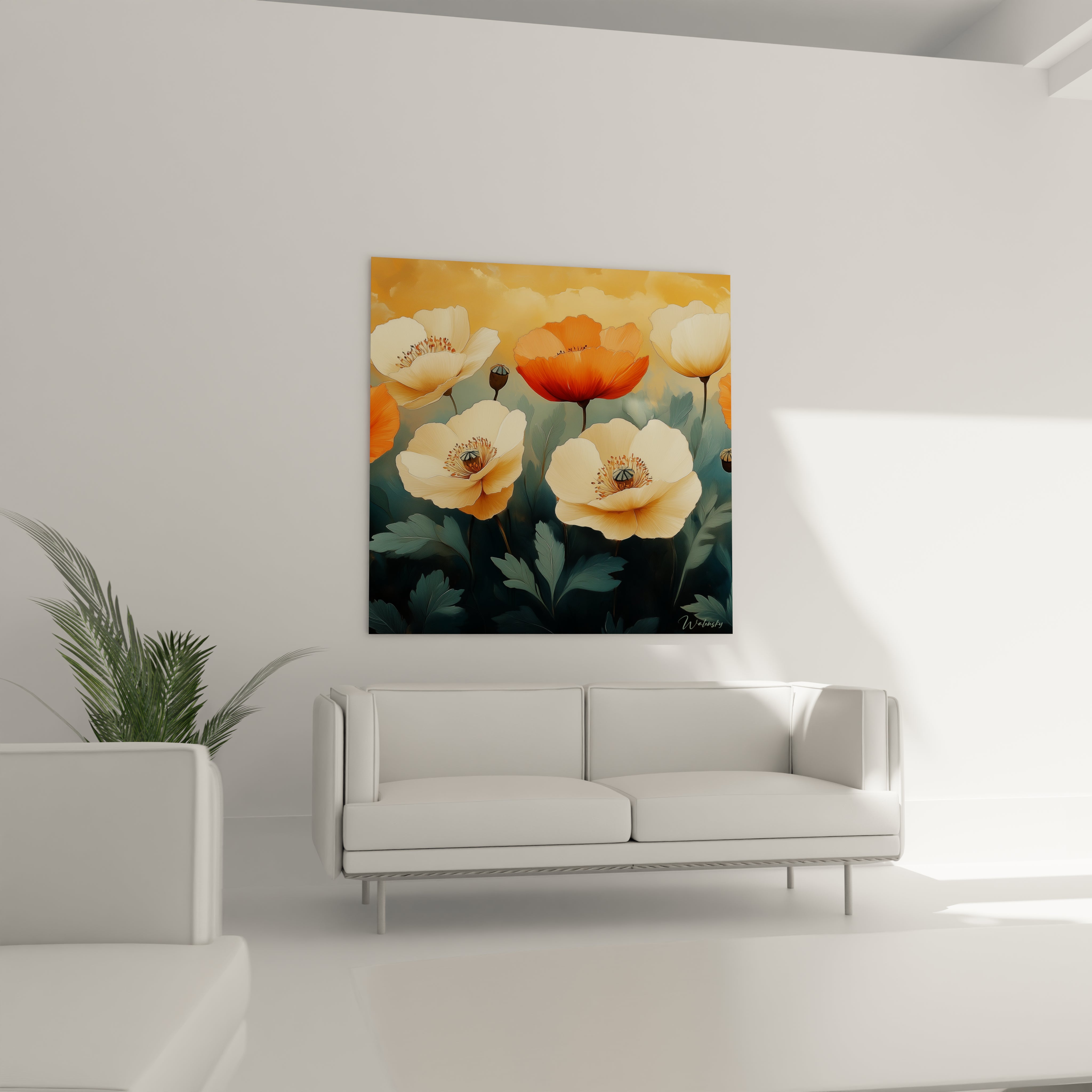 Un tableau de coquelicots présentant une composition équilibrée de fleurs orange éclatant et blanches aux étamines détaillées, chaque pétale finement texturé reflétant la lumière, sur un fond aux dégradés orangés et bleutés complété par un feuillage aux tons aquatiques.
