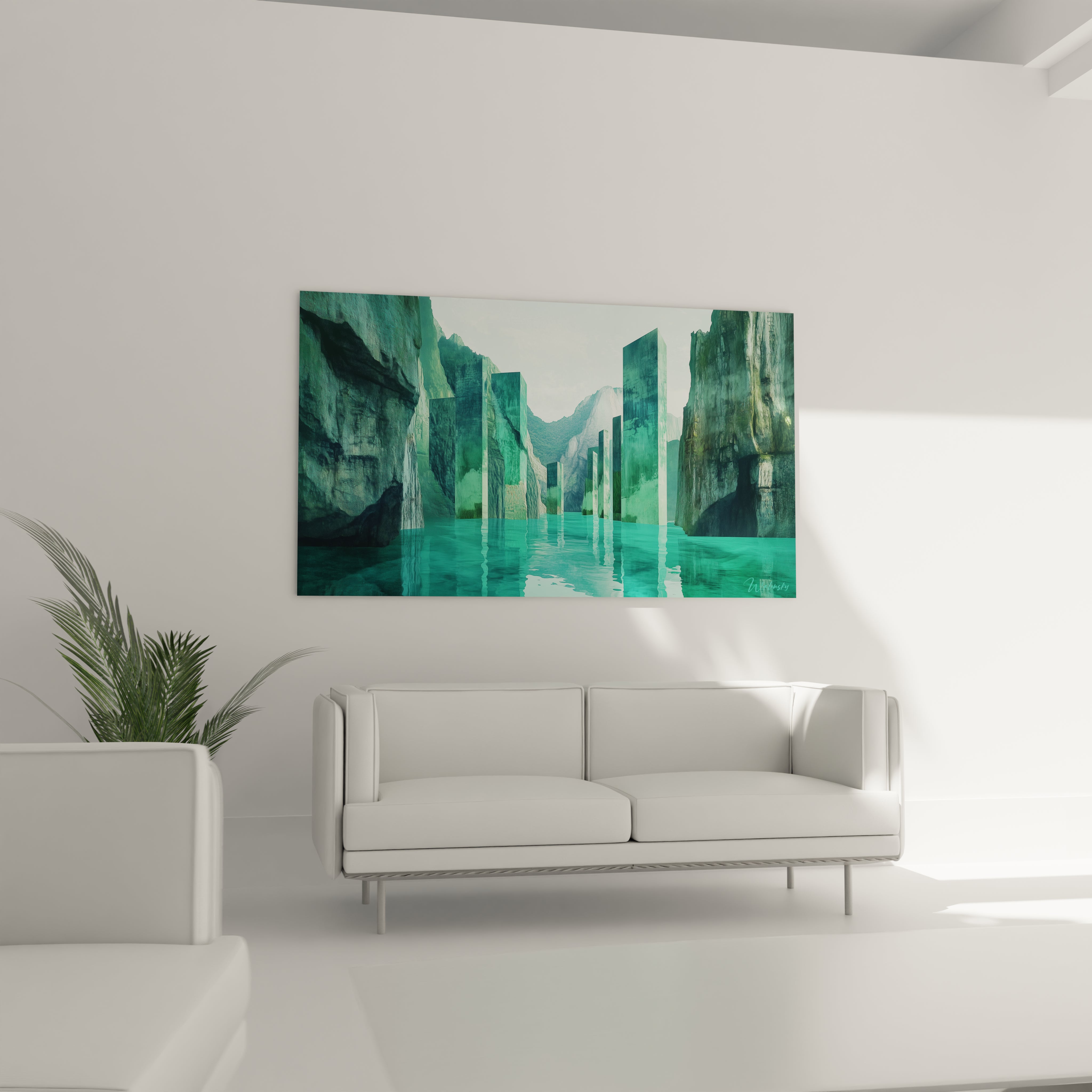 Un tableau gorges lumineuses montrant une lagune turquoise entourée de falaises grises texturées. Des formations cristallines verticales vert émeraude émergent de l'eau, créant un contraste saisissant entre géométrie architecturale et érosion naturelle.

