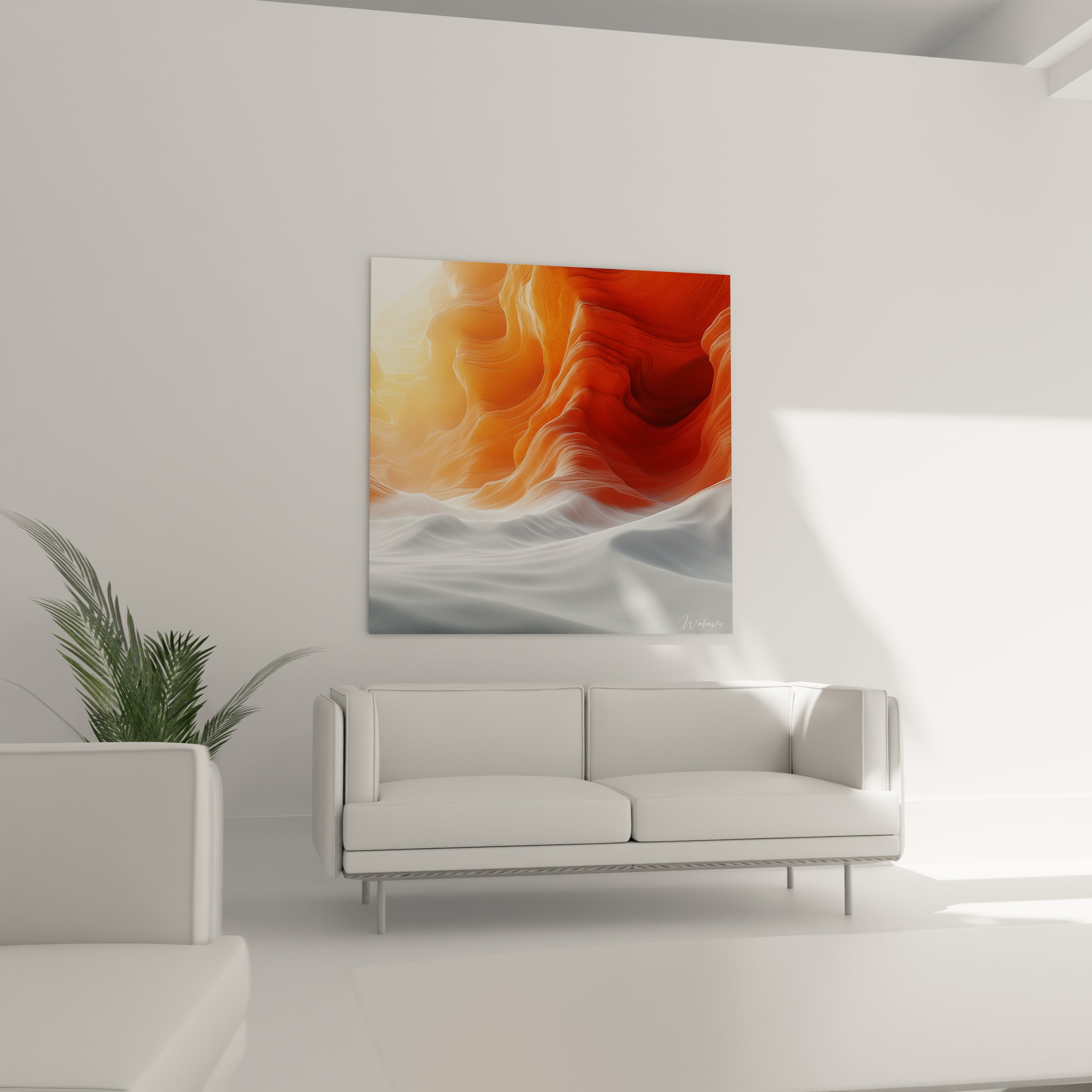 Un tableau géologique illustrant des couches sédimentaires ocre et orangées aux formes sinueuses surplombant une plaine neigeuse blanche, où la lumière traverse les parois rocheuses créant des variations de teintes chaudes contrastant avec la fraîcheur de la base.
