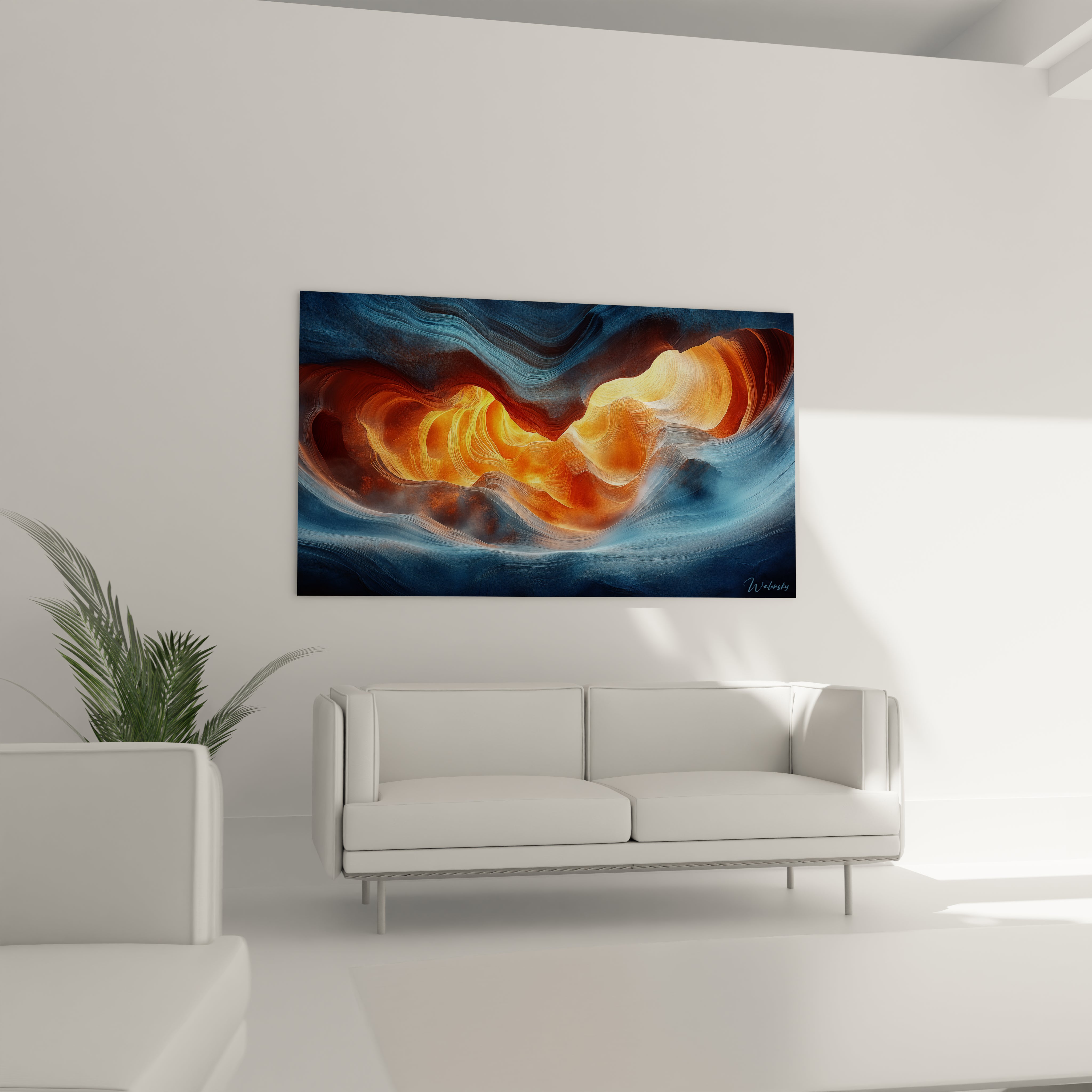 Un tableau abstrait de formation géologique montrant une grotte aux parois bleu profond traversée par un rayon de lumière aux teintes chaudes orange et or, créant un effet de profondeur par des courbes superposées et lisses.
