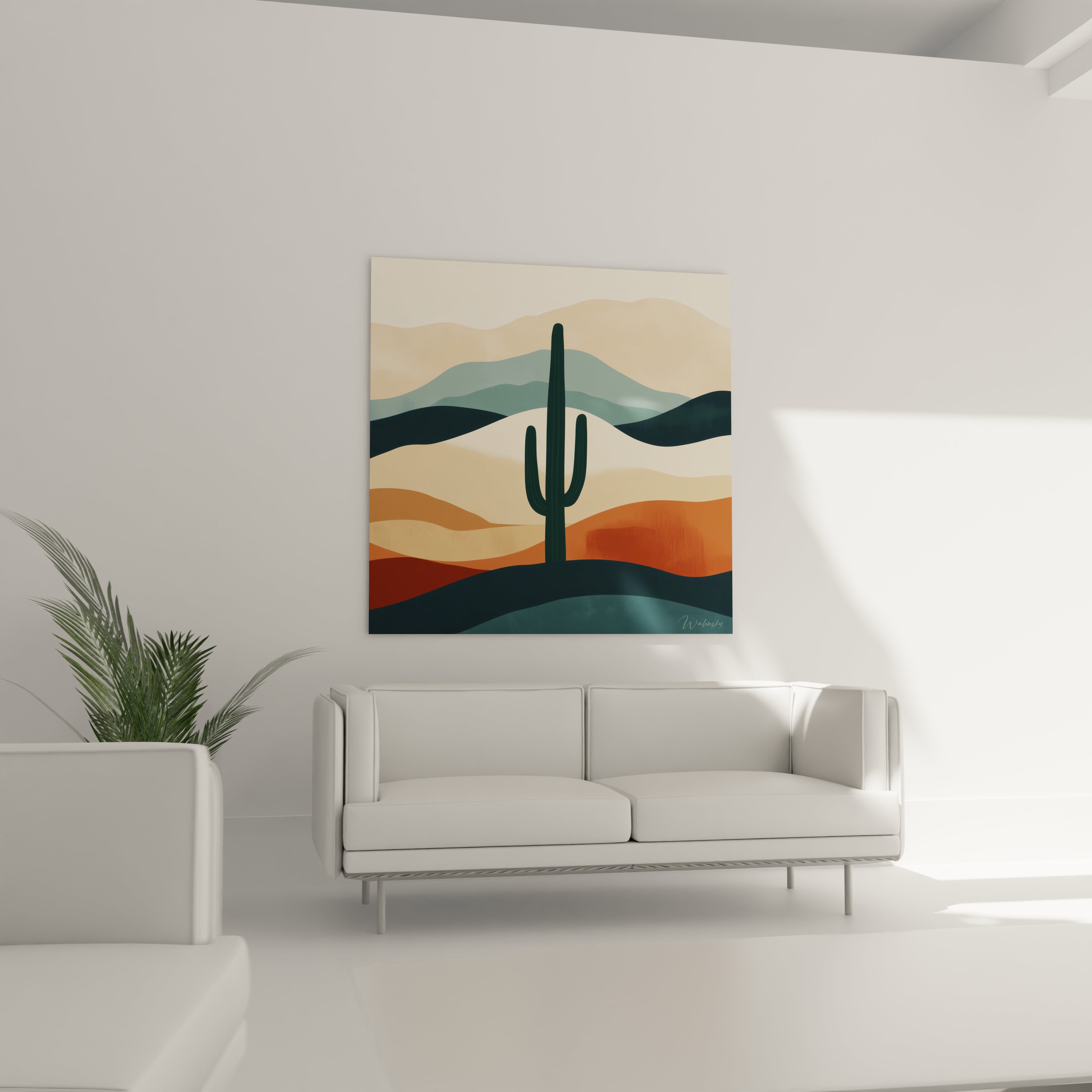 Un tableau artistique du désert présentant un grand cactus vert foncé comme point focal, entouré de couches de montagnes ondulantes dans des tons de beige sable, orange terreux et bleu-vert apaisant, créant une atmosphère sereine et minimaliste.
