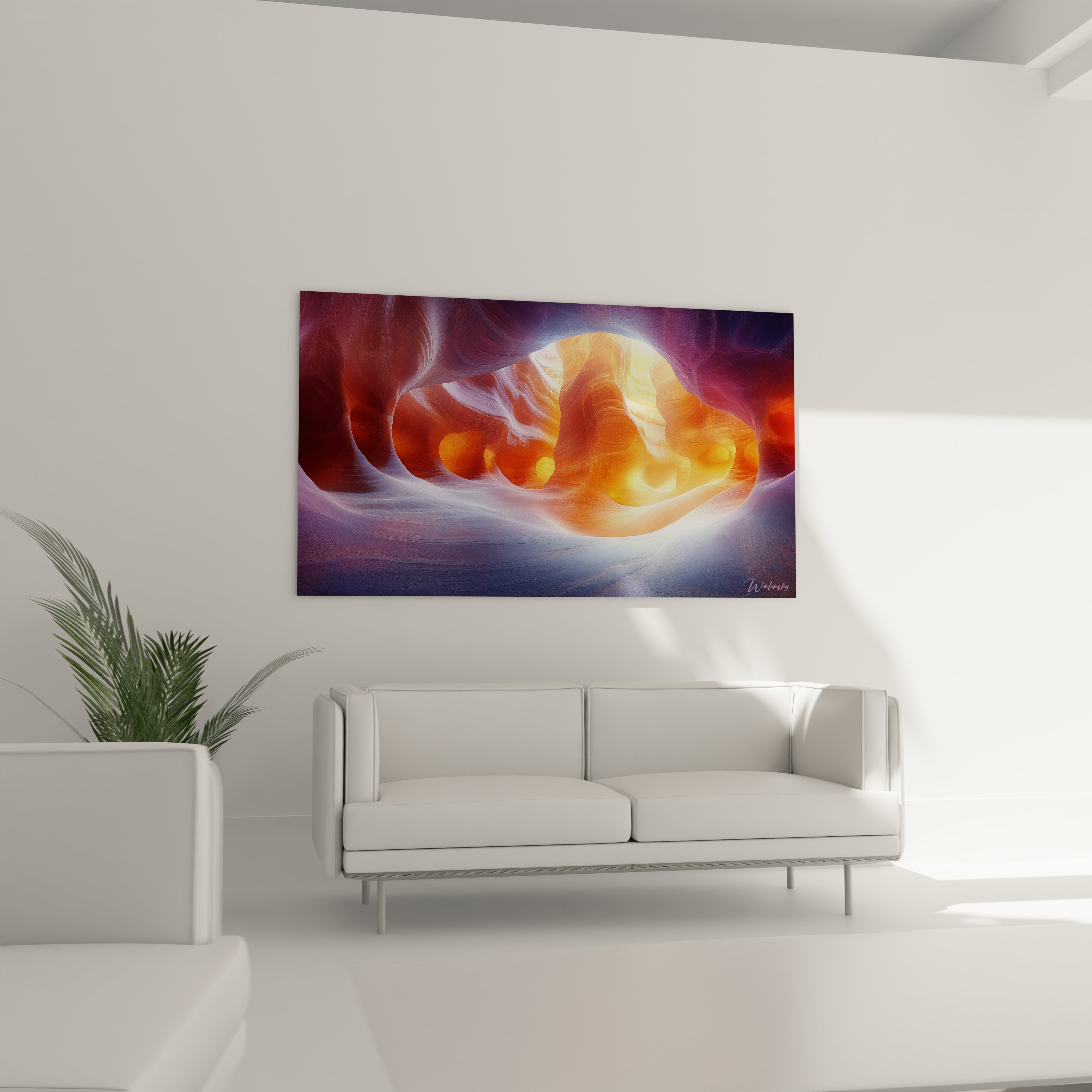 Un tableau caverne illustrant une ouverture lumineuse dans une formation rocheuse, où les tons orange chaleureux au centre s'opposent aux violets profonds des contours, créant un effet de profondeur et de mouvement figé dans la pierre.
